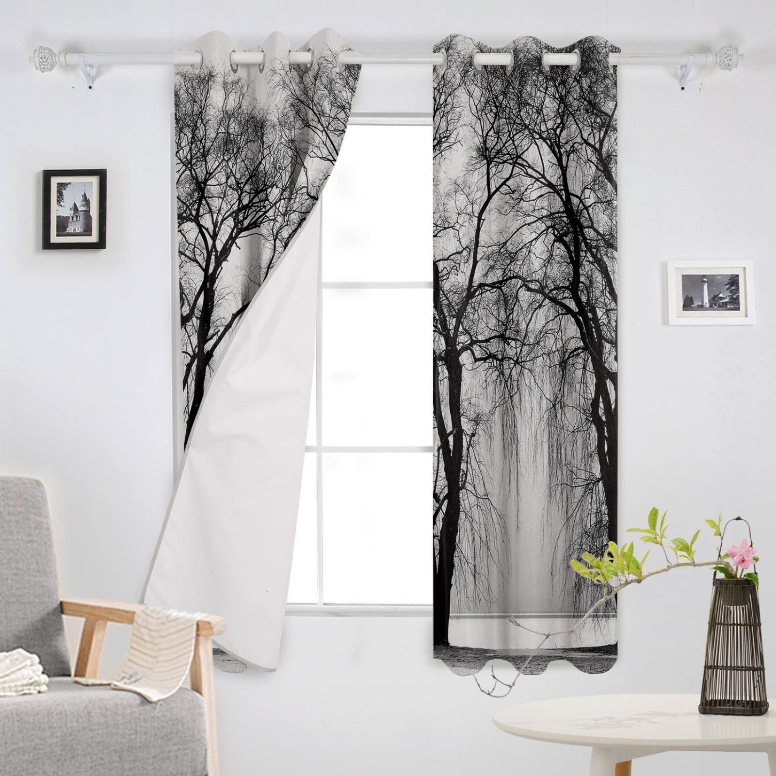 Gray Trees Blackout Curtains - Thermal Insulated Grommet Window Panels for Bedroom & Living Room | 108x84 Inch | Tree Branch Art Design for Privacy, Light Blocking & Energy Efficiency