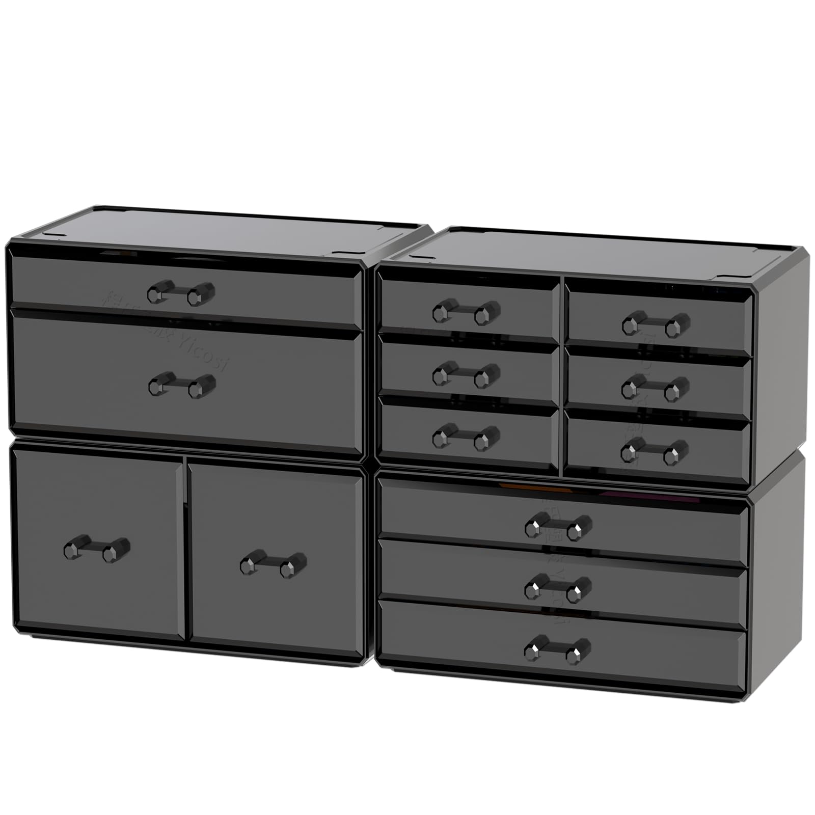 13-Drawer Acrylic Bathroom Organizer - Stackable Black Vanity Storage for Jewelry, Hair Accessories & Skincare Products | 4-Piece Set for Countertop, Desk & Bathroom Organization