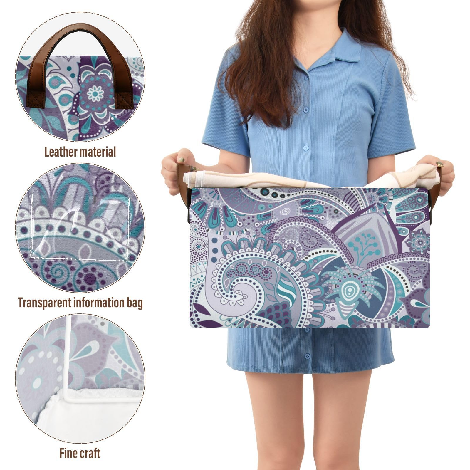 **Paisley Floral Ethnic Light Purple Fabric Storage Baskets with Handles - 2 Pack Organizer Bins for Pantry, Shelves, Drawers, Closet, Office & Classroom - Perfect for Home, Office & Dorm Organization**