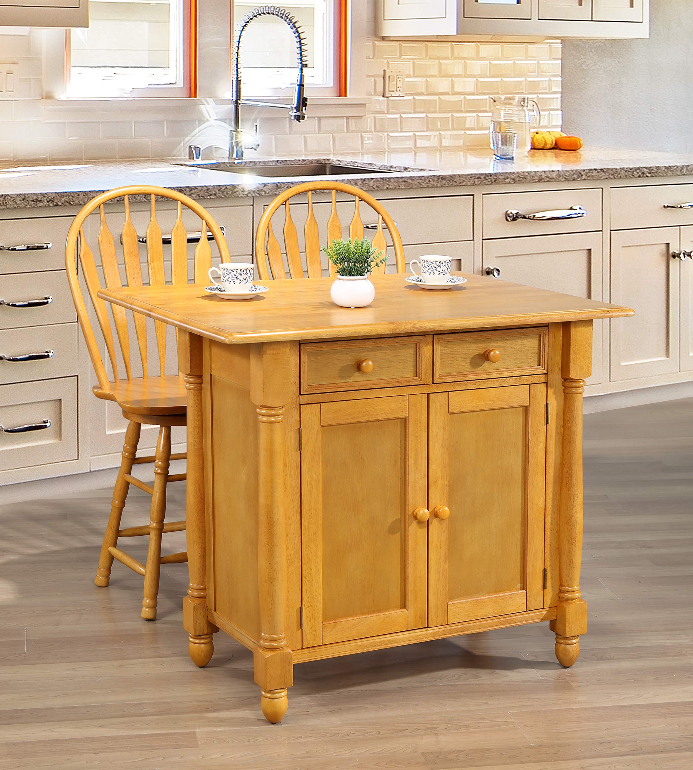 Sunset Trading Oak Kitchen Island Set with Stools - Light Brown Finish for Modern Farmhouse & Rustic Kitchens | Perfect for Meal Prep, Entertaining & Extra Storage