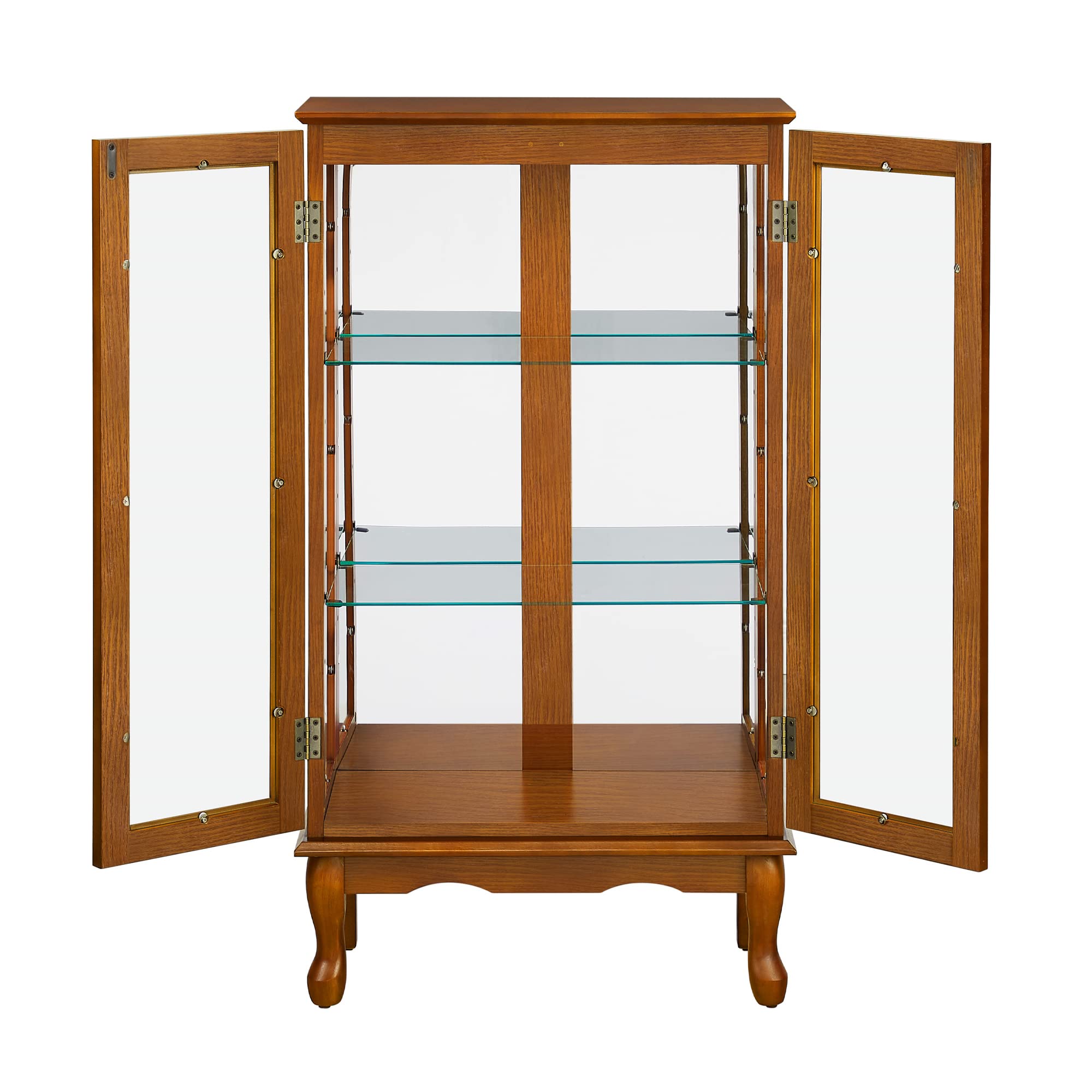 Tuscan Style Wall Mounted Curio Display Cabinet with Adjustable Shelves & Mirrored Back - 3 Tier Oak Wood Storage Cabinet with Tempered Glass Doors (E26 Light Bulb Not Included) - Perfect for Living Room Decor, Dining Room Display & Bedroom Storage