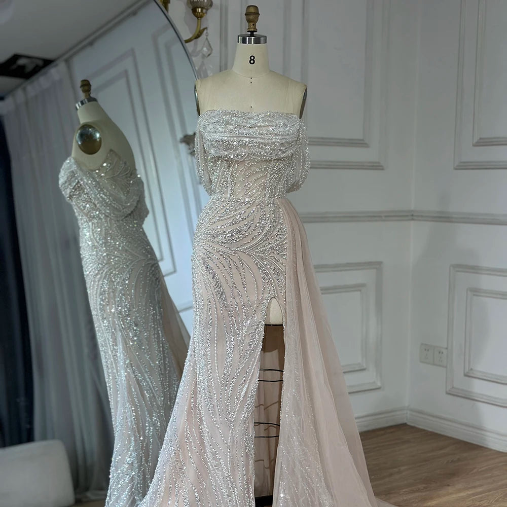 Elegant White Arabic Nude Beaded High Slit Mermaid Evening Gown for Women - Wedding, Party, Prom Dresses | Perfect for Formal Events, Red Carpet & Special Occasions