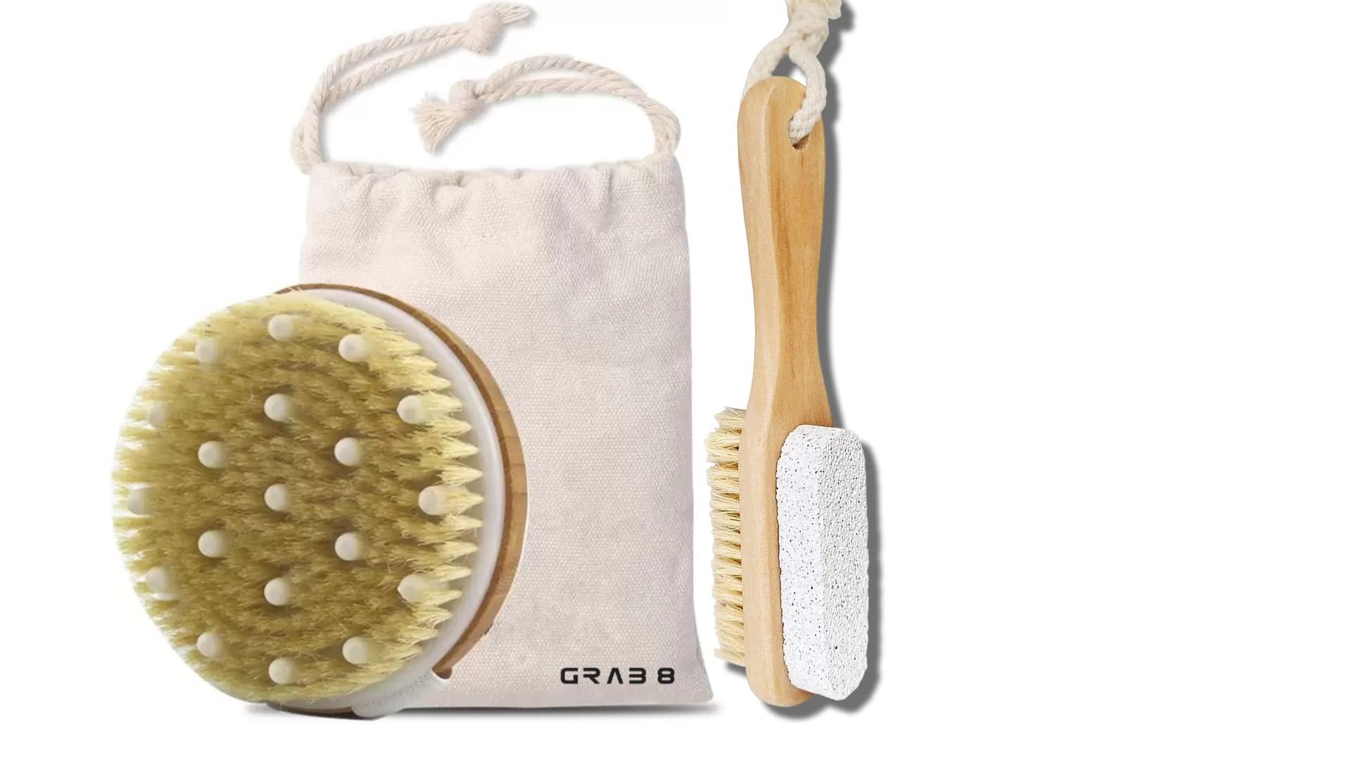 Grab8 Dry Body Brush & Pumice Stone Set - Exfoliating Body Scrubber for Dead Skin Removal - Shower & Bath Accessories - Perfect for Spa Day & At-Home Skincare Routine (Set of 2, Combo 1)