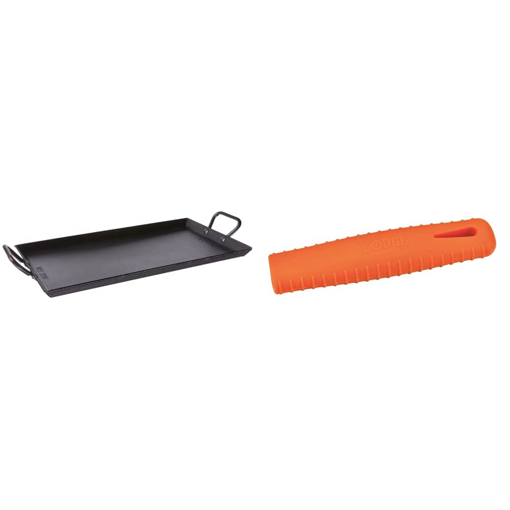 Lodge CRSGR18 Pre-Seasoned 18-Inch Carbon Steel Griddle with ASCRHH61 Orange Silicone Hot Handle Holders - Perfect for Outdoor Camping, BBQ Grilling & Home Kitchen Cooking