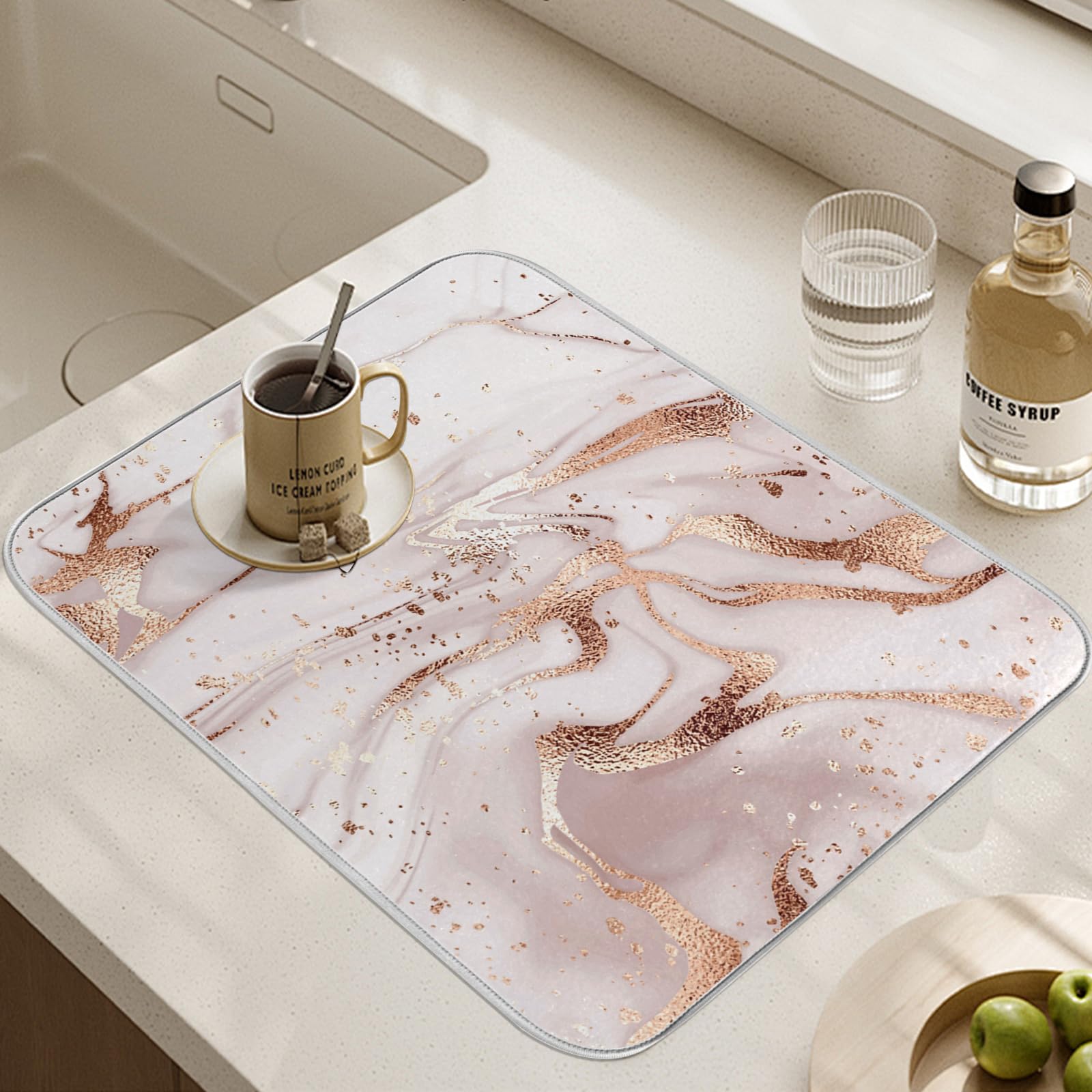 Pink Marble Dish Drying Mat 16x18 Inch - Absorbent Non-Slip Kitchen Counter Mat for Dishes, Cups & Utensils | Perfect for Kitchen Countertops, Bar Counters & Sink Areas