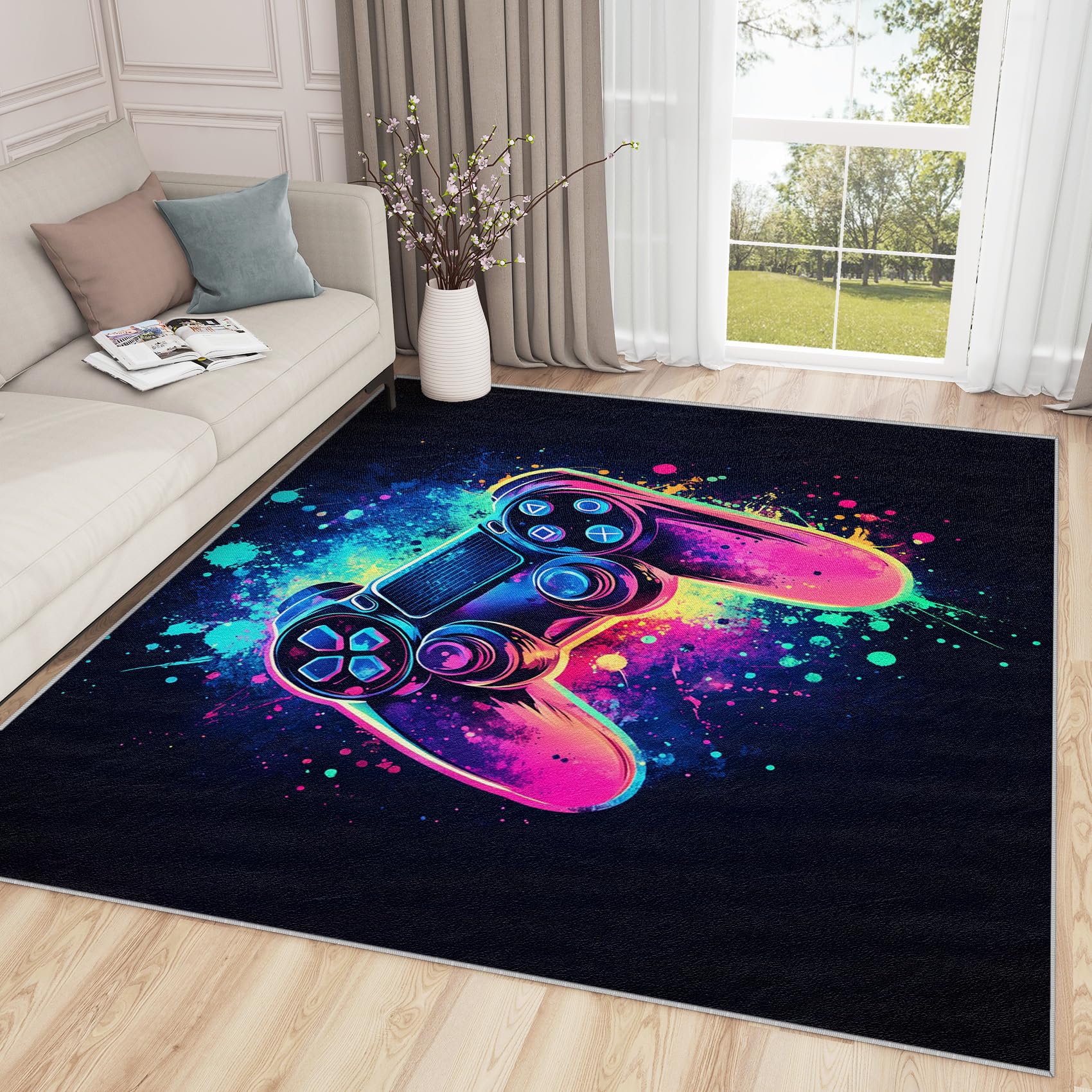 Gaming Rugs for Men & Boys - 2x3 ft Washable Non-Slip Soft Controller Design Carpet | Neon Gamepad Area Rug for Bedroom & Game Room | Cool Video Game Decor & Gift for Gamers & Kids