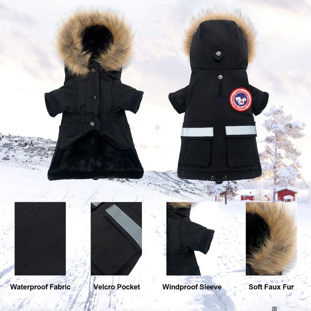 Waterproof & Windproof Dog Jacket for Small Dogs - Winter Coat with Reflective Strips & Faux Fur Hood - Warm Flannel-Lined Snow Coat with Pocket - Ideal for Cold Weather Walks, Outdoor Adventures & Nighttime Safety