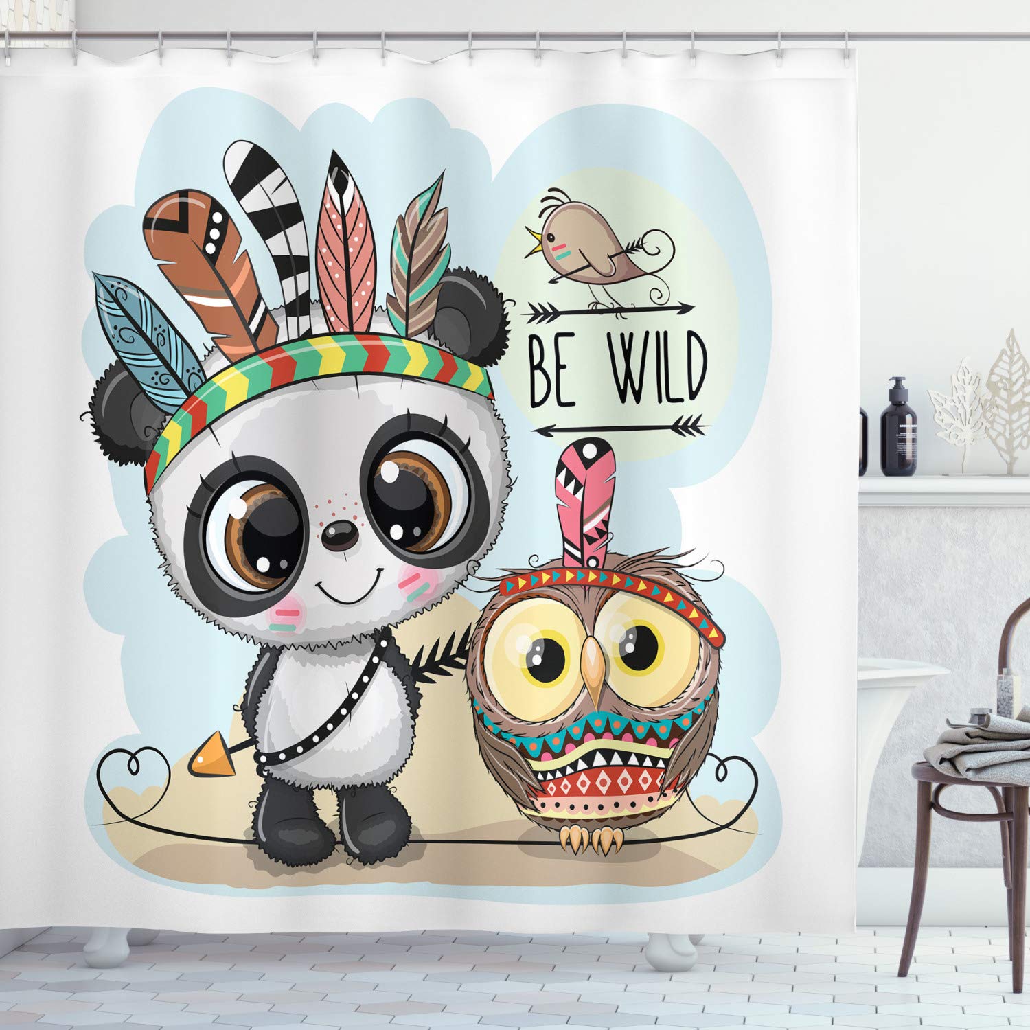 Ambesonne Wild Animal Shower Curtain - Bohemian Tribal Panda, Owl & Bird Feather Print Fabric Bathroom Decor Set with Hooks, 69x75 Inches, Multicolor for Unique Bathroom & Boho Home Decor