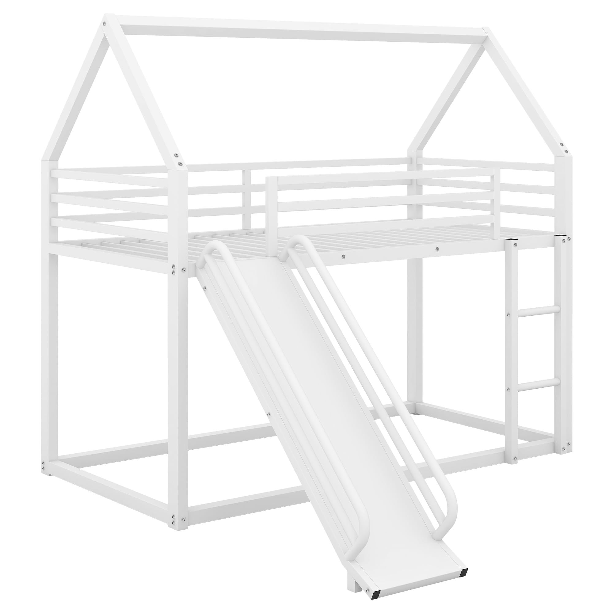 Twin Over Twin Bunk Bed with Slide for Kids - Sturdy Metal Bunk Bed Frame with Roof Design, Full-Length Guardrail & Ladder - Fun House Bed for Boys and Girls - No Box Spring Needed - White - Perfect for Kids' Bedrooms, Playrooms & Sleepovers
