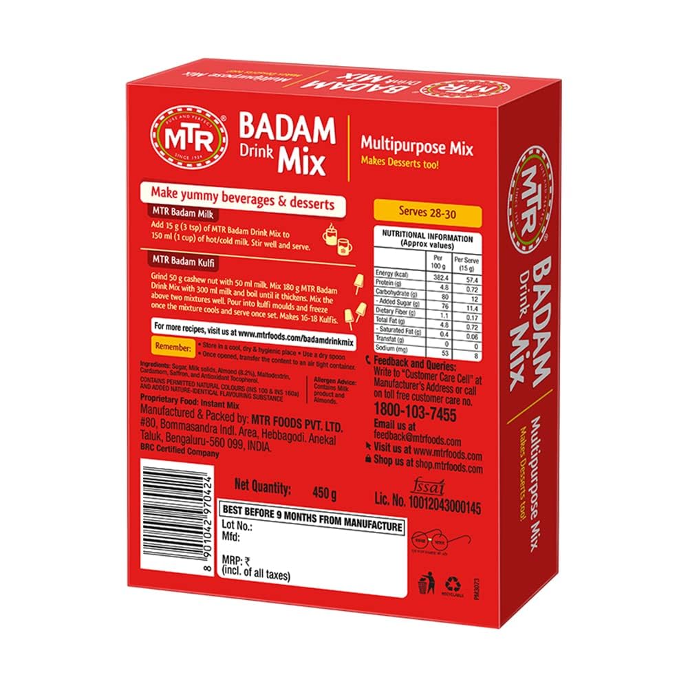 MTR Badam Drink Mix Refill 450g - Premium Almond Beverage Powder for Smoothies, Baking & Healthy Drinks - Perfect for Breakfast, Snacks & Desserts