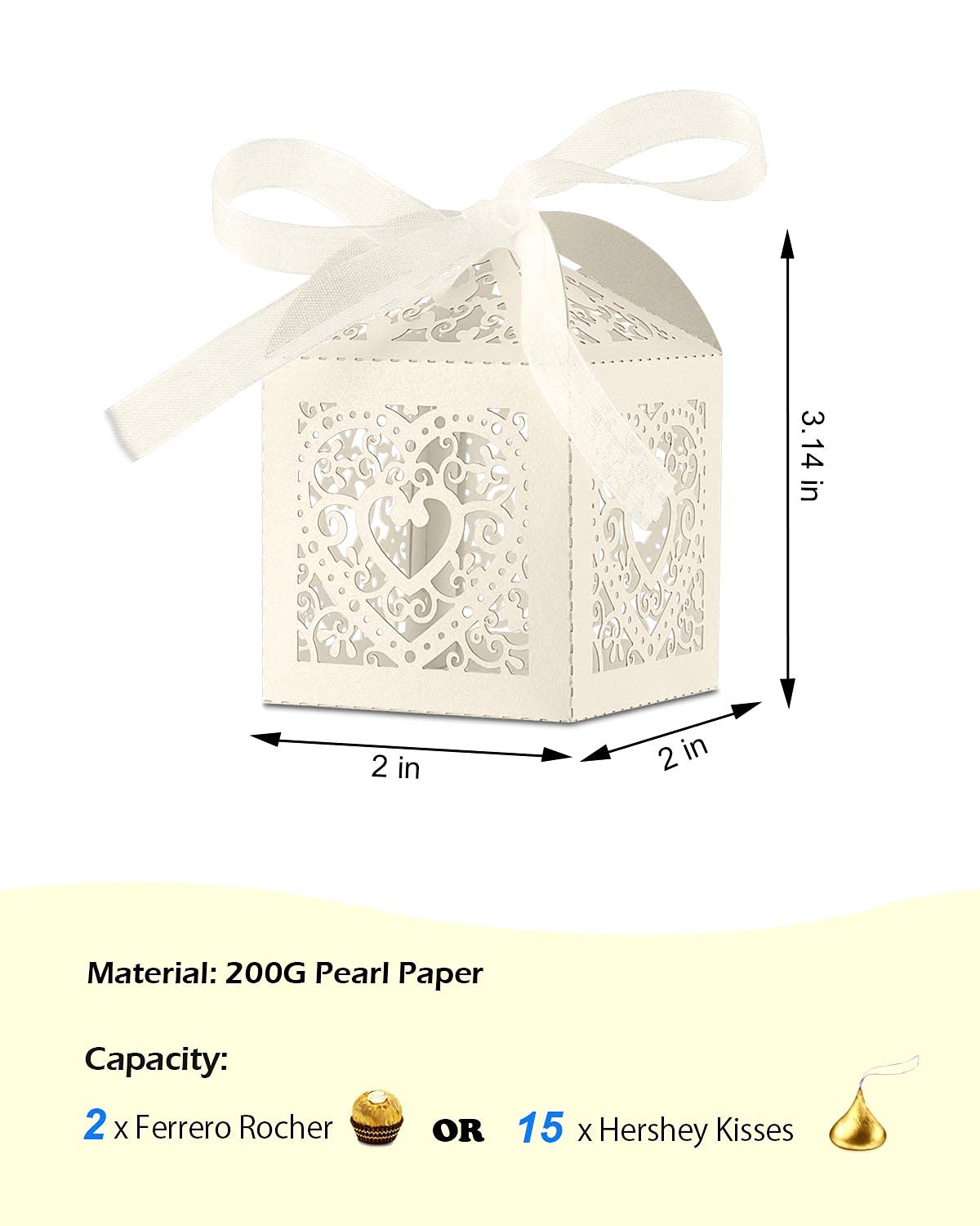 50 Pack Beige Love Heart Hollow Wedding Favor Boxes - 2x2x2 Inch Small Chocolate Candy Gift Boxes with Ribbon for Guests, Birthday Party & Baby Shower Favors | Perfect for Wedding Decorations, Bridal Showers & Special Events