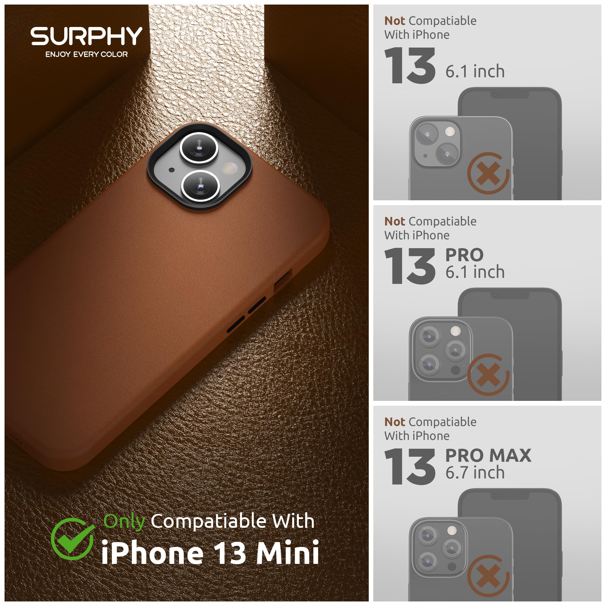 SURPHY Premium Faux Leather iPhone 13 Mini Case (5.4 inch 2021) with Metallic Buttons & Microfiber Lining - Slim Protective Phone Cover for Women & Men - Perfect for Work, Travel & Everyday Use