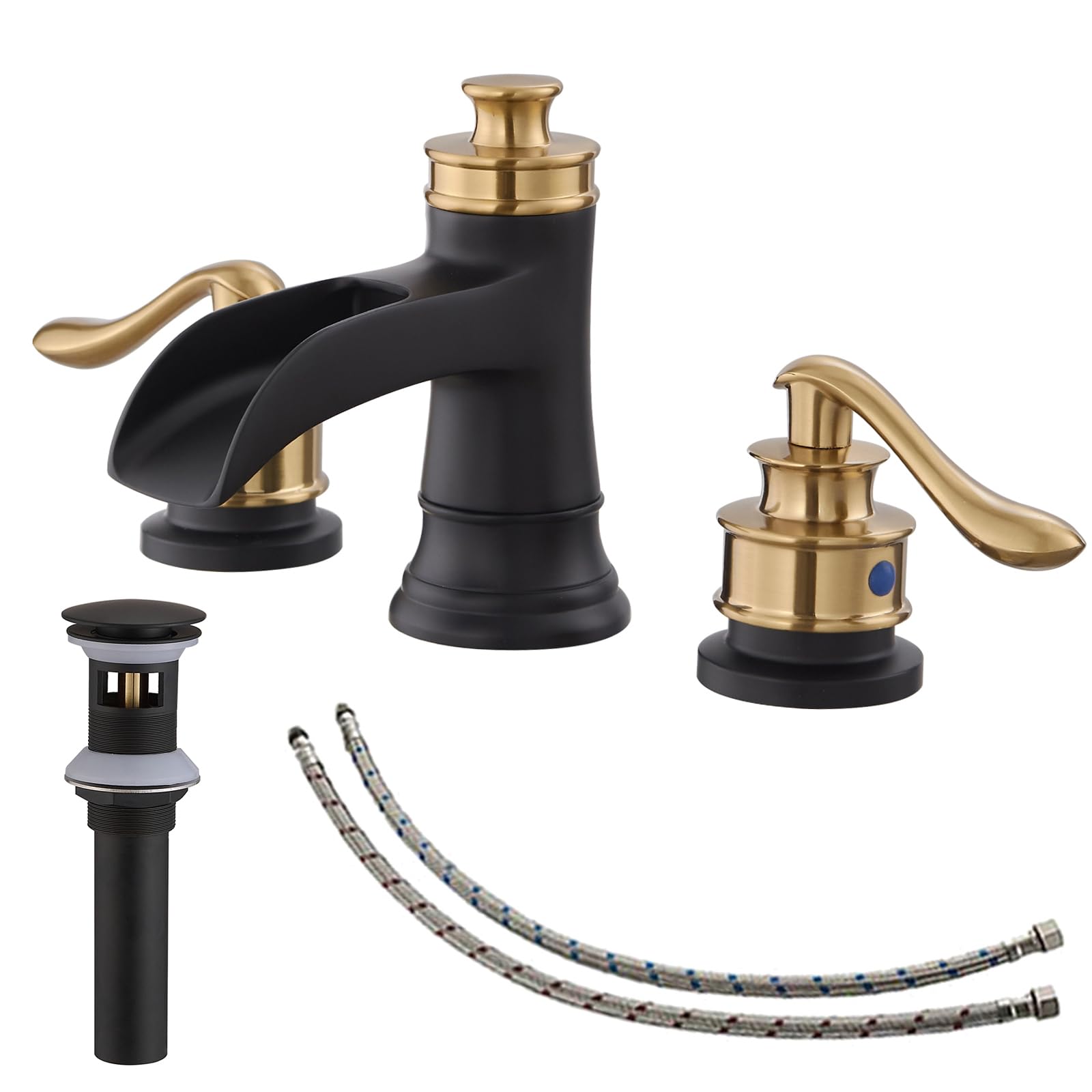 Black Gold Widespread Bathroom Faucet - 3 Hole Waterfall Sink Faucet with 2-Handle Design & Pop-Up Drain - Farmhouse Vanity Lavatory Set with Overflow - Perfect for Modern & Rustic Bathroom Decor