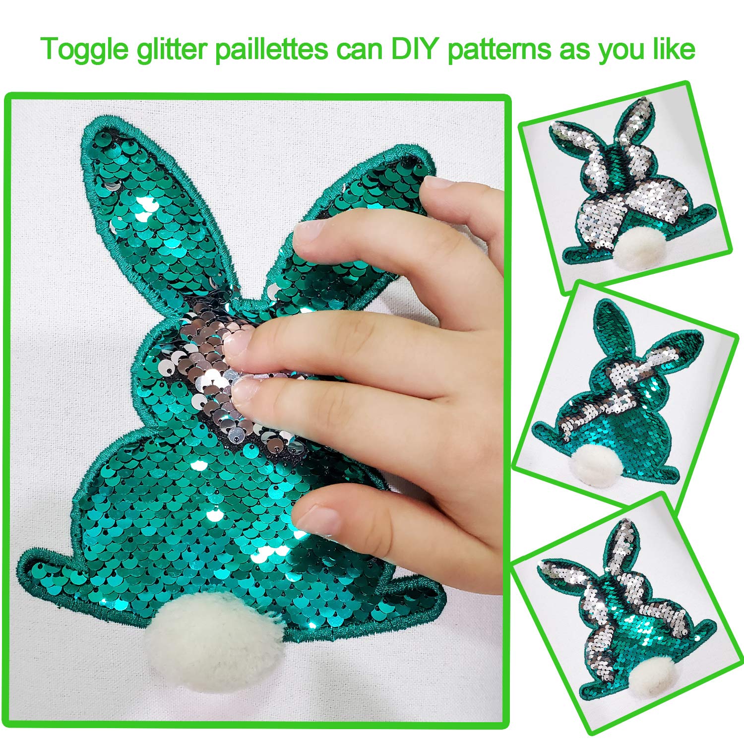 Easter Basket Bags for Kids - Bunny Tote Bucket with Paillette Design for Easter Eggs, Toys, Candy & Gifts | Perfect for Easter Egg Hunts, Party Favors & Holiday Celebrations (Green)