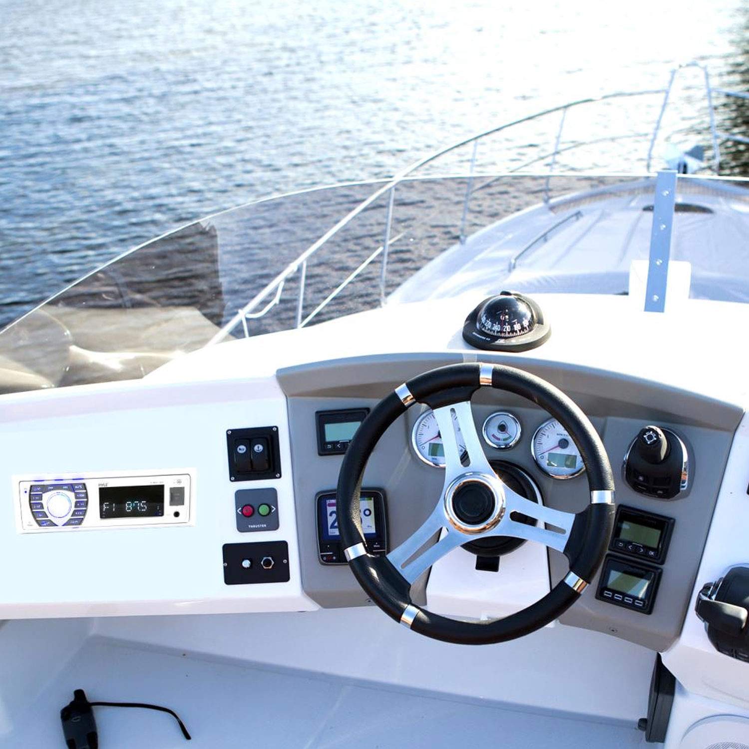 Pyle PLRMR23BTW White Bluetooth Marine Stereo Receiver - 12V Single DIN Boat Radio with Digital LCD, USB, SD, MP3, AM/FM, RCA Inputs & Remote Control - Perfect for Boats, Yachts & Marine Audio Systems