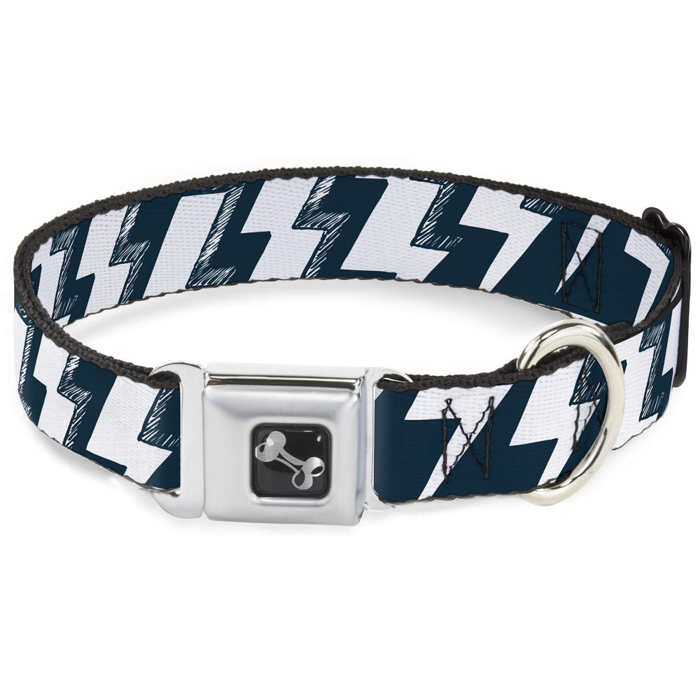 Buckle-Down Dog Collar with Seatbelt Buckle - Navy & White Lightning Design for Large Dogs (15-26
