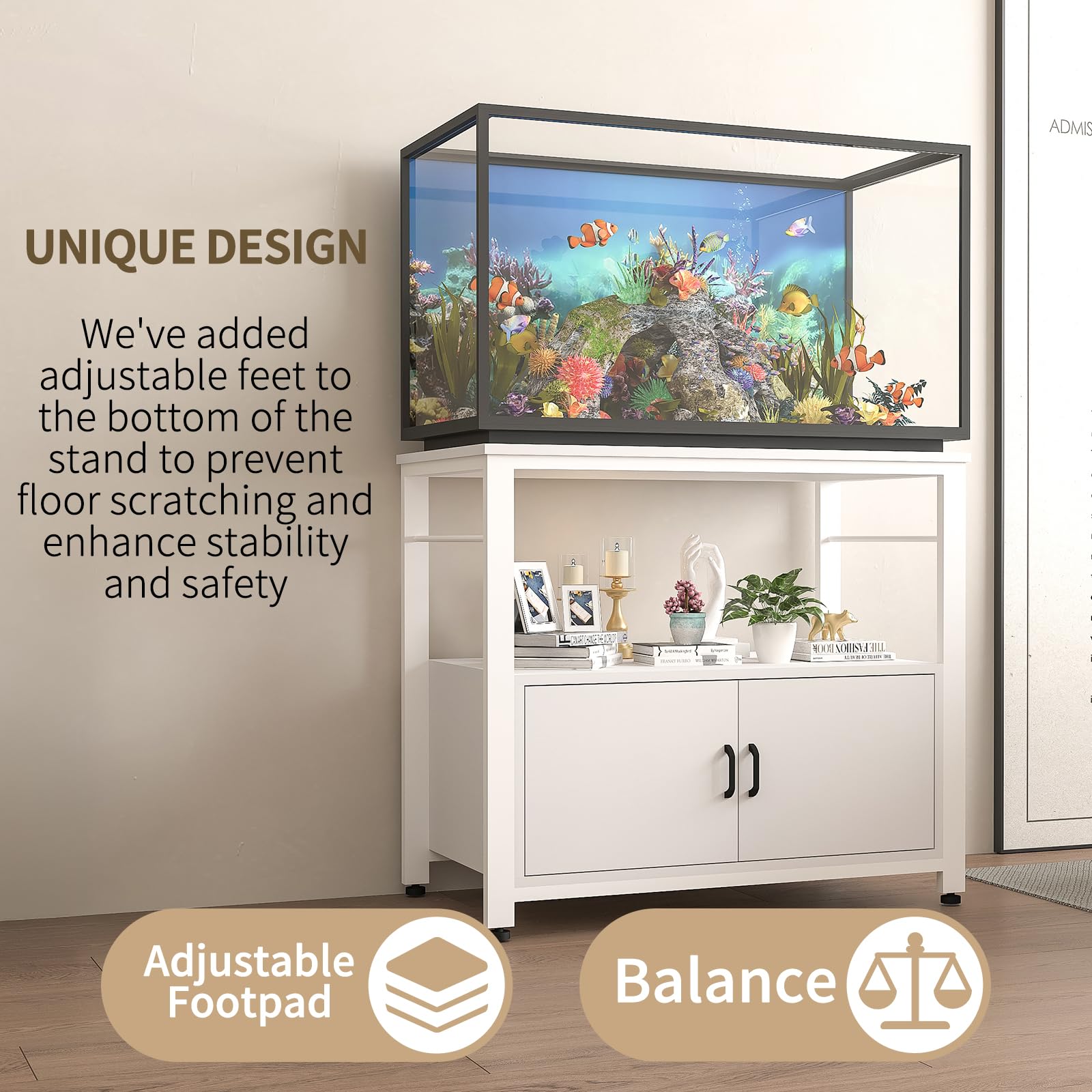 Heavy Duty Metal Fish Tank Stand for 40-50 Gallon Aquariums | Double Layer Storage Cabinet with 760lbs Weight Capacity | White Aquarium Stand for Living Room, Office or Bedroom