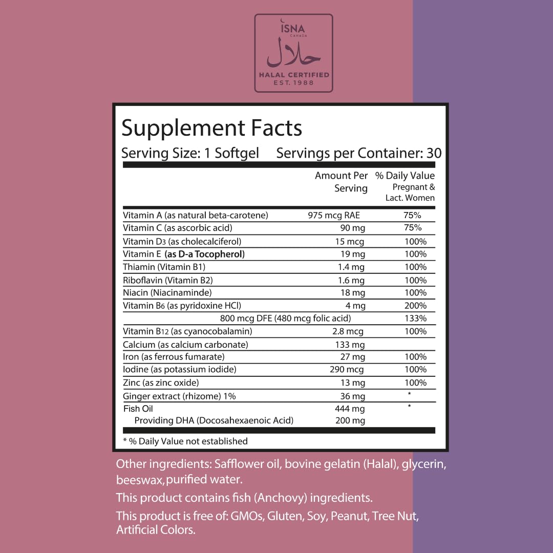 Halal Prenatal Vitamins with DHA, Folic Acid & Ginger - Noor Vitamins for Pregnancy Support Before, During & After - Iron-Rich Softgels for Morning Sickness Relief & Baby Development - 1 Month Supply - Perfect for Expecting Moms Seeking Natural Prenatal Care