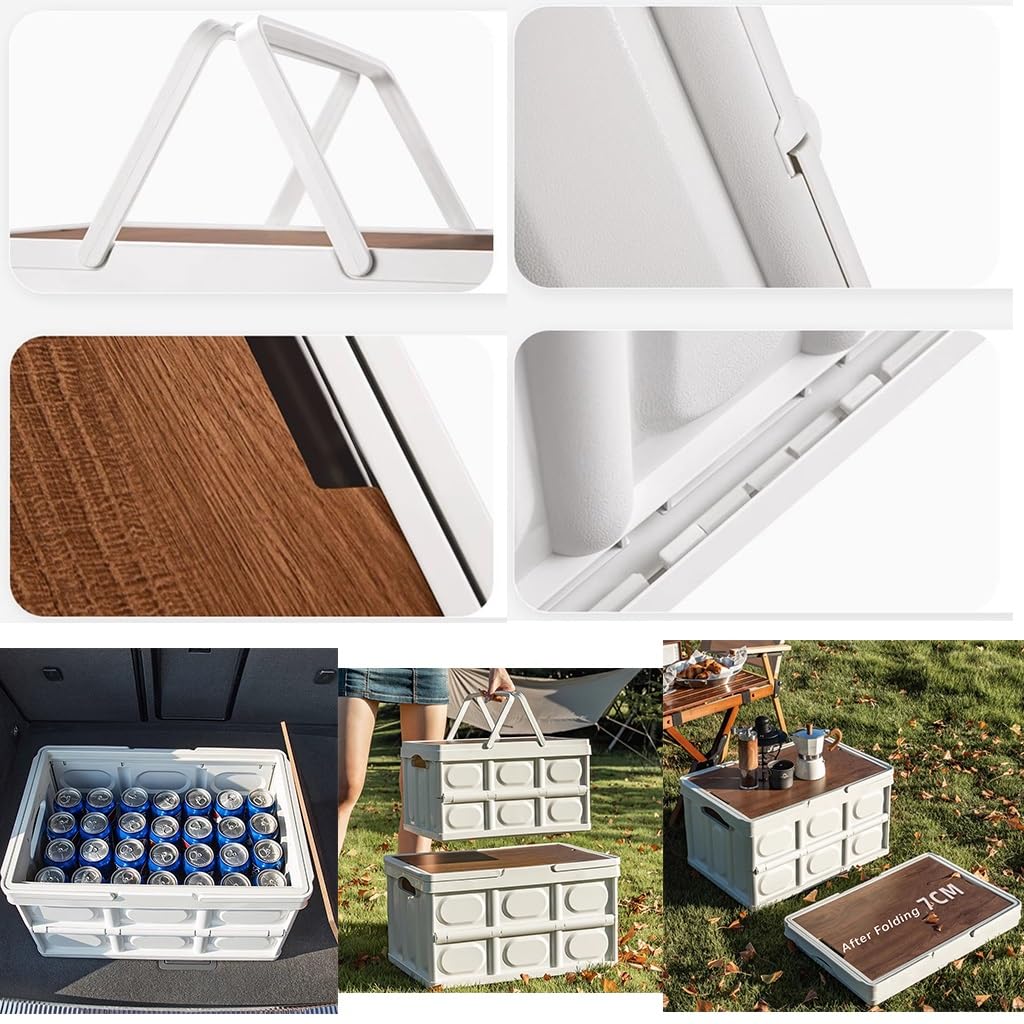 FLTRGO 50L Collapsible Storage Box with Wood Lid - Heavy Duty Folding Organizer for Camping, Picnic, Home & Closet - Portable Storage Solution for Outdoor Adventures & Indoor Organization