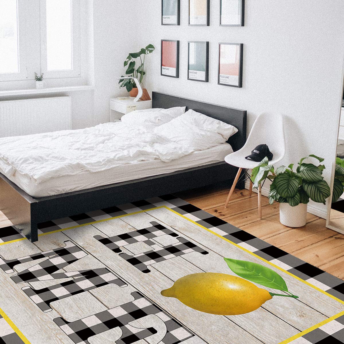4'x7' Yellow Fruit Lemon Black & White Lattice Area Runner Rug - Washable Indoor/Outdoor Carpet for Kitchen, Living Room, Bathroom, Bedroom, Classroom & Laundry Room - Retro Farmhouse Doormat for Entryway, Hallway & Home Decor