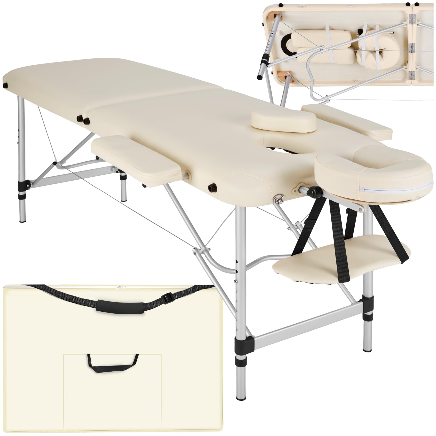TecTake® Professional Foldable Massage Table with 2 Zones, Aluminum Frame, Portable for Tattoo & Beauty - Includes Carry Case & Armrest | Perfect for Spa, Salon, Home Use & Mobile Therapists