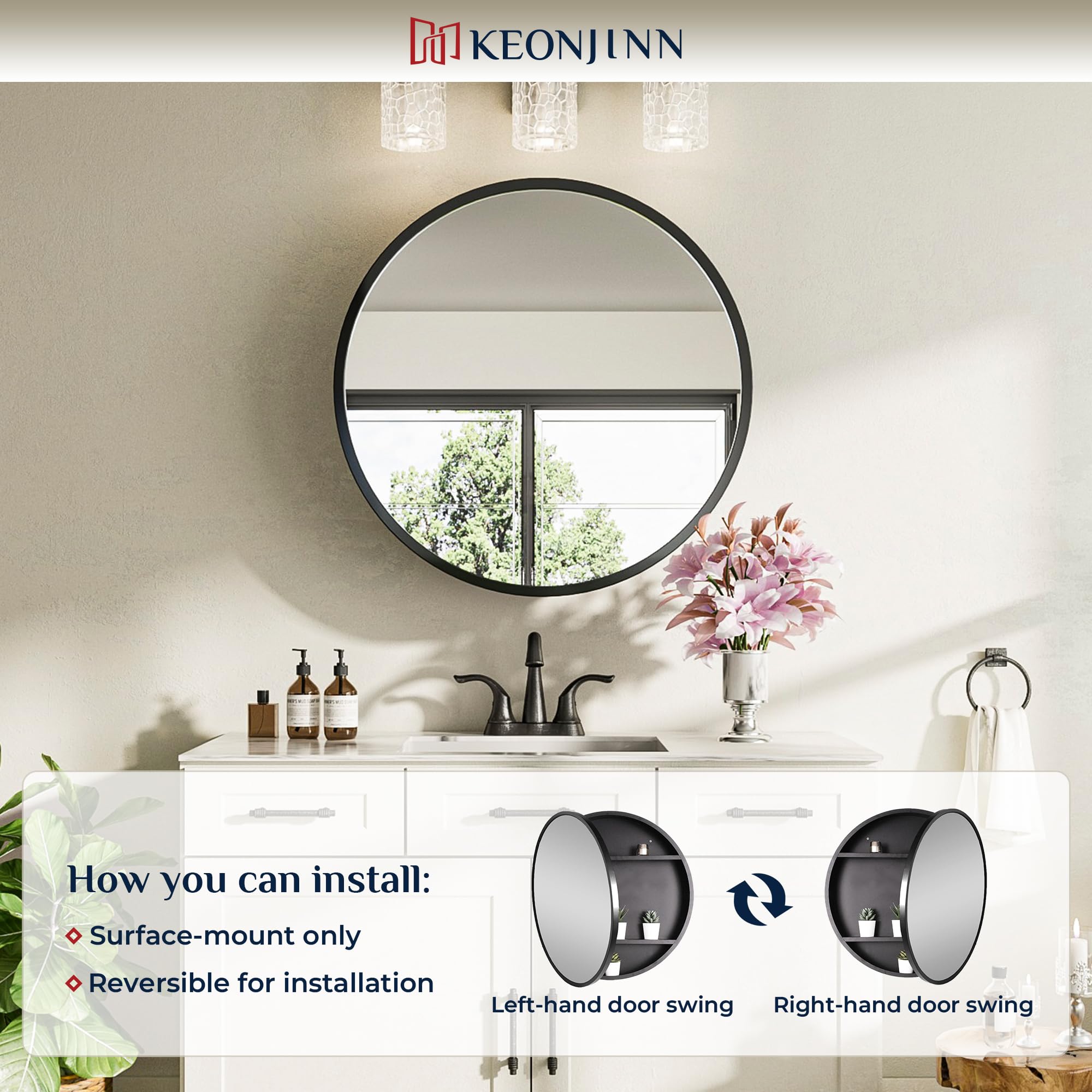 Keonjinn 26 Inch Round Black Medicine Cabinet with Mirror - Surface Mount Metal Frame Bathroom Storage - Farmhouse Style Wall Mounted Vanity Mirror with Detachable Shelves for Bathroom, Bedroom & Entryway Organization