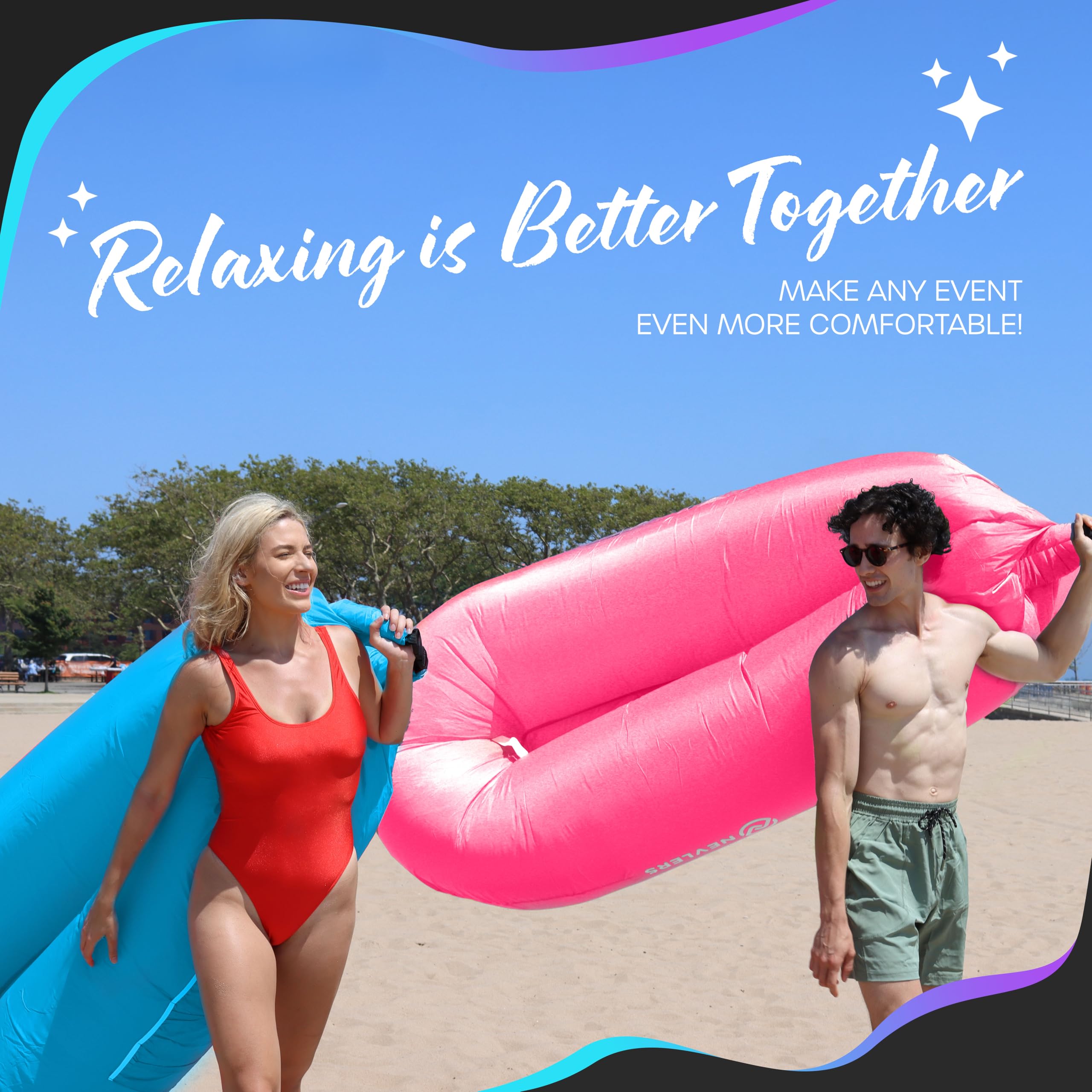 Nevlers 2 Pack Inflatable Lounger Air Sofa - Portable Blow Up Couch for Beach, Camping, Travel & Outdoor Relaxation | Includes Travel Bag, Pegs & 3 Storage Pockets | Perfect for Picnics, Backyard, Poolside & Movie Nights