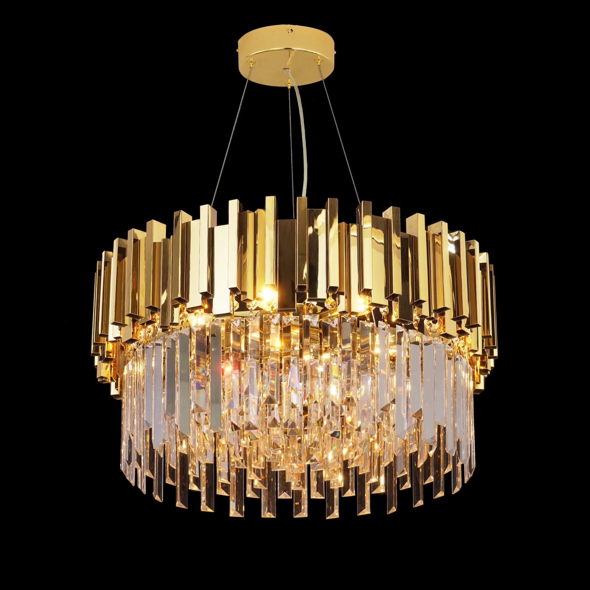 Modern Crystal LED Chandelier - 9-Light Dimmable Pendant Lighting Fixture with Stainless Steel Shade for Dining Room, Living Room & Kitchen Island | Contemporary Ceiling Light for Home Decor & Luxury Interior Design