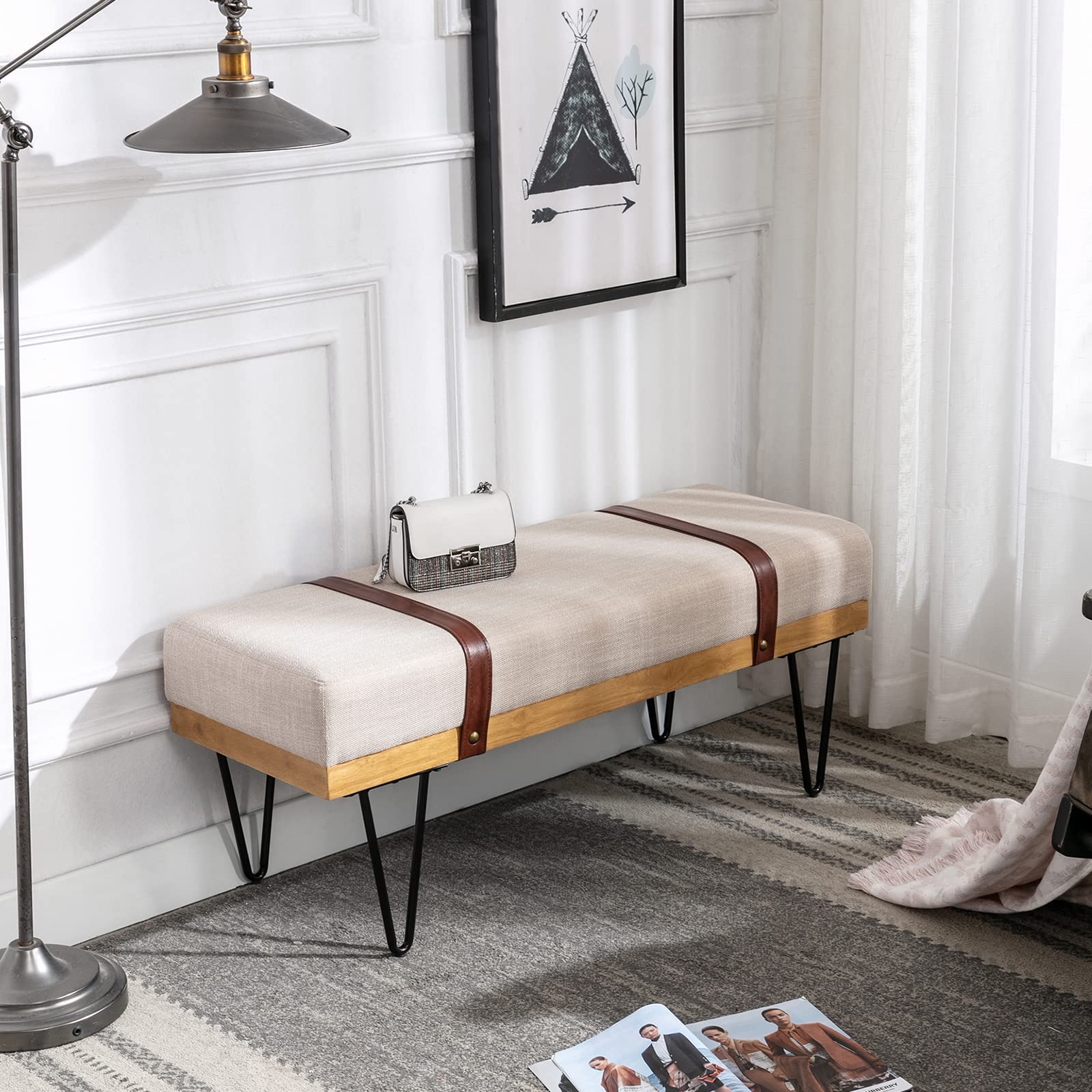 Antetek Modern Upholstered Linen Fabric Bench with Metal Legs - Entryway, Bedroom, Living Room Ottoman Footrest Stool (Beige) | Perfect for Hallway Seating, Bed End Decor & Cozy Living Room Accent