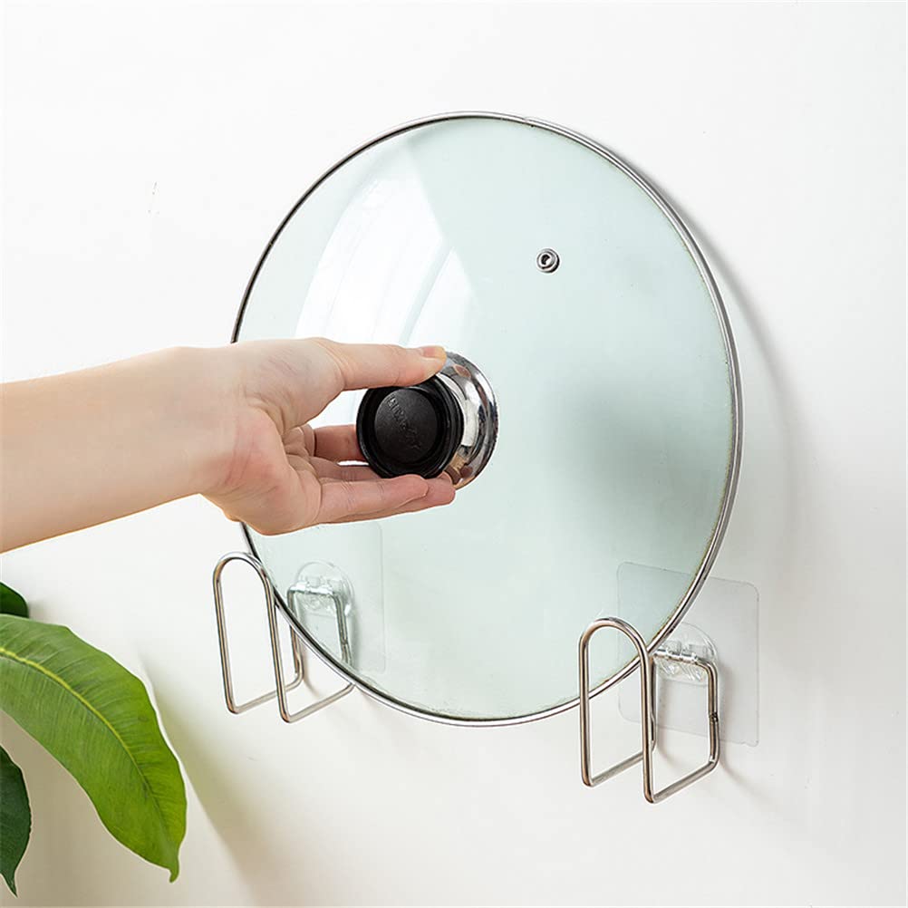 4 Pairs Adjustable Stainless Steel Pot Lid Organizer - Wall Mounted & Cabinet Door Self-Adhesive Pan Lid Holder for Kitchen Storage (Silver) - Perfect for Small Spaces & Clutter-Free Cooking
