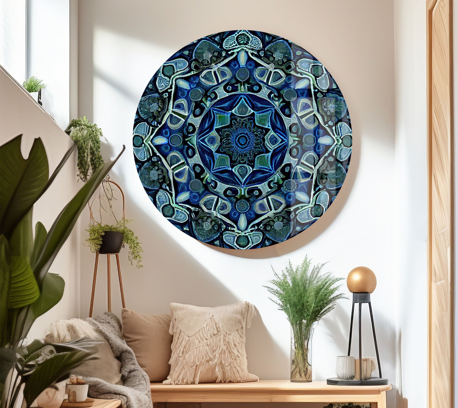 Blue Mandala Glass Wall Art – Handcrafted Intricate Geometric Design for Modern Home & Office Decor | Meditation Room, Yoga Studio & Spiritual Space Decor