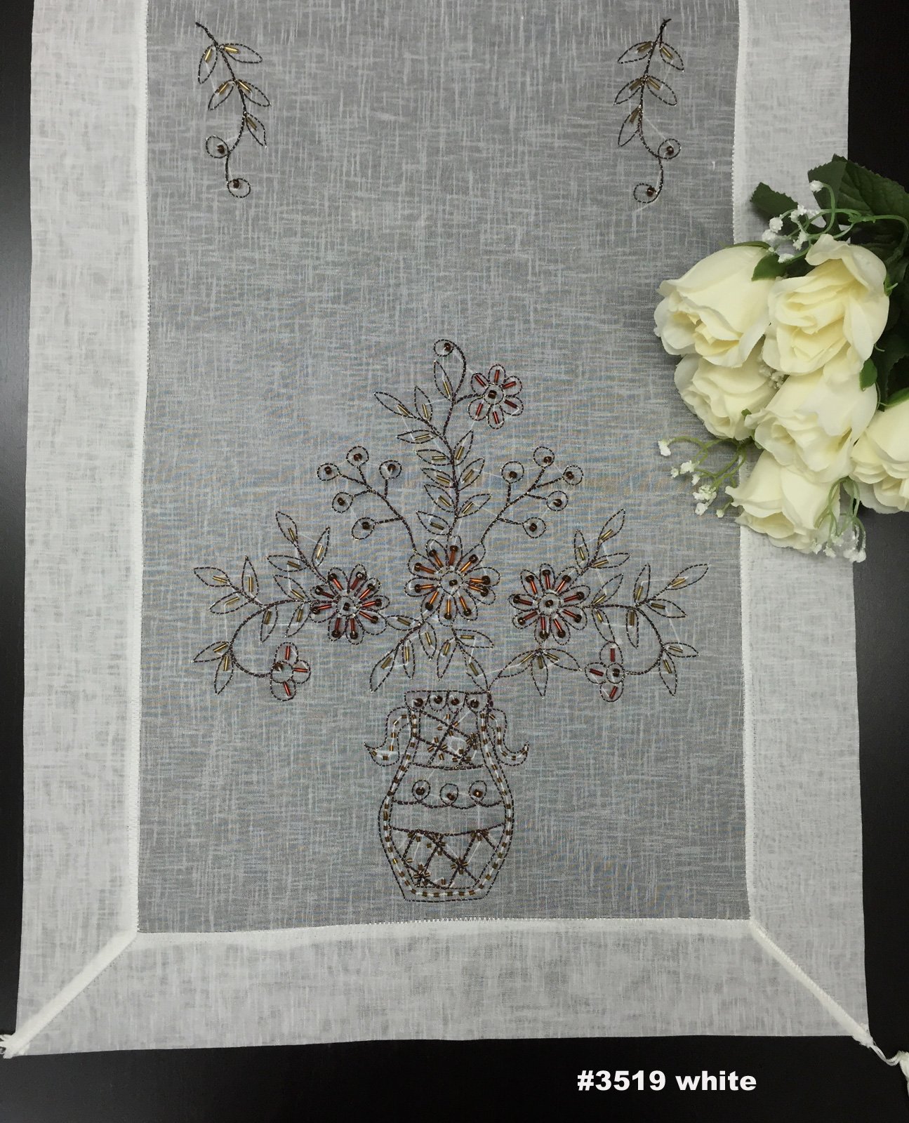 Handmade Beaded Daisy Vase Table Runner with Tassels - Ivory Linen Dresser Scarf 16x70 - Elegant Home Decor for Dining Table, Buffet, or Wedding Centerpiece