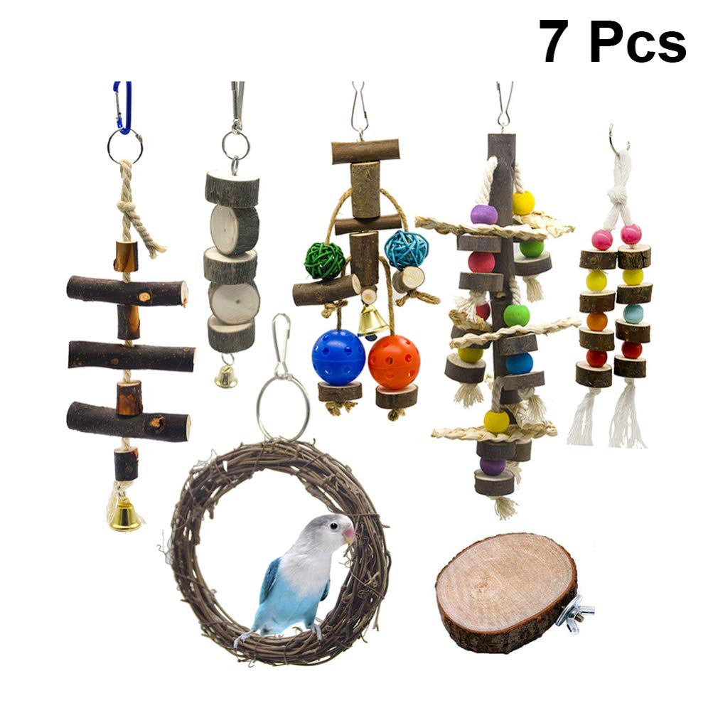 Balacoo Natural Wooden Parrot Chew Toy - 7pcs Hammock Swing & Hanging Bird Cage Toys for Parrots, Parakeets & Small/Large Birds | Cage Decoration & Stress Relief for Pet Birds