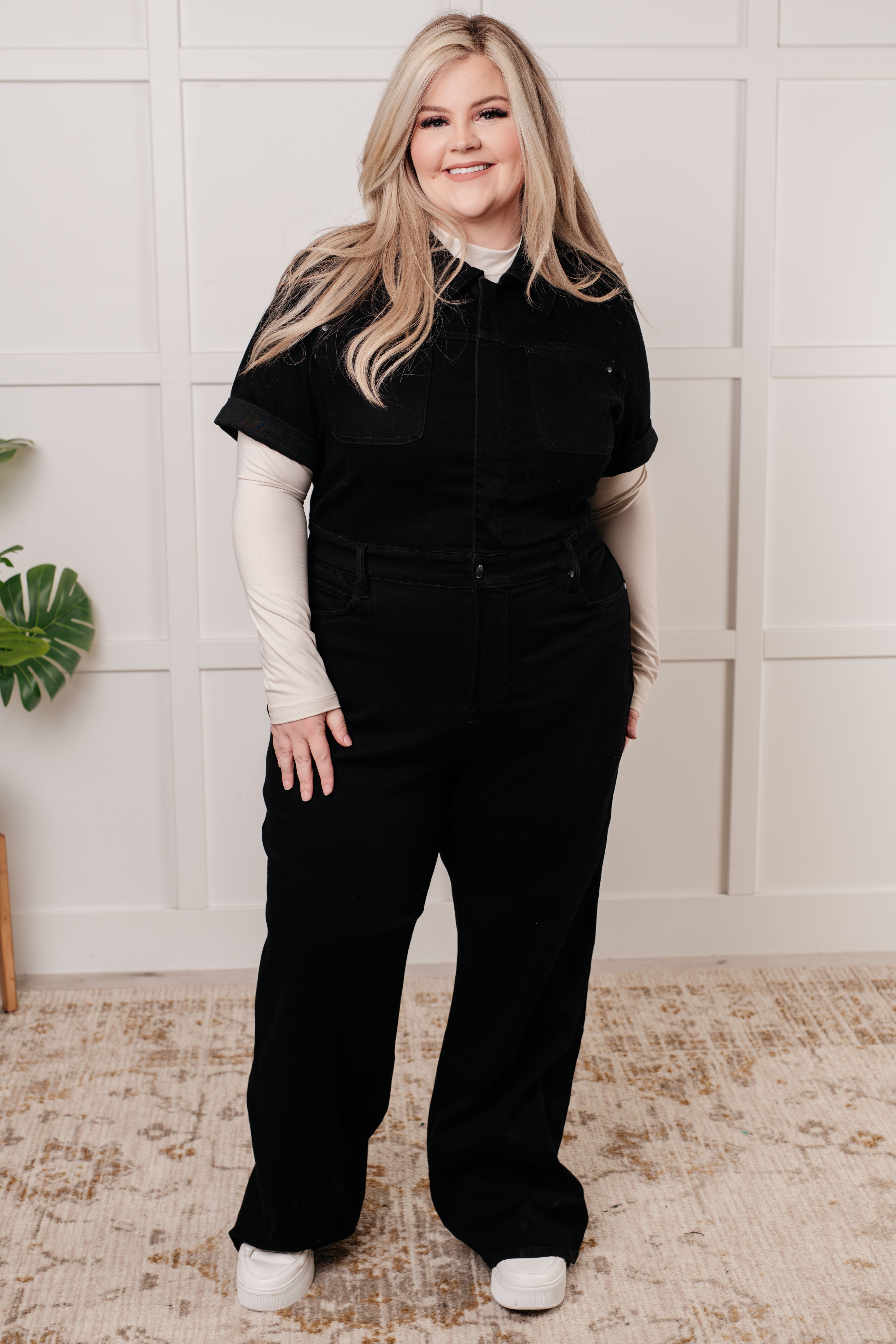 Tilda Short Sleeve Control Top Denim Jumpsuit for Women - Slimming Stretch Romper with Pockets | Perfect for Casual Outings, Date Nights & Summer Fashion