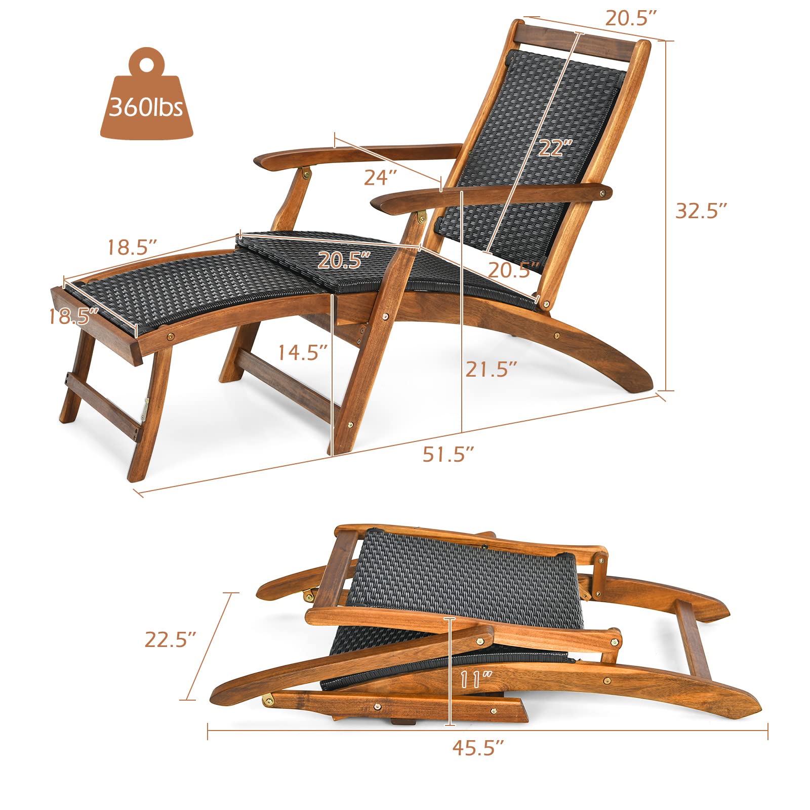 **HAPPYGRILL Outdoor Chaise Lounge Chair with Adjustable Footrest - Acacia Wood & Rattan Wicker Folding Pool Chair - Portable Patio Lounger for Garden, Porch, Beach & Backyard Relaxation**