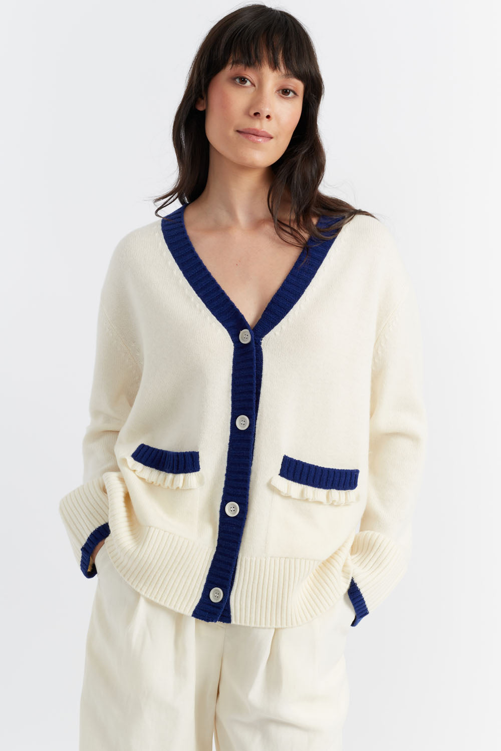 Luxury Cream Wool Cashmere Admiral Cardigan for Women - Soft & Warm Winter Sweater - Perfect for Office, Travel & Casual Outfits