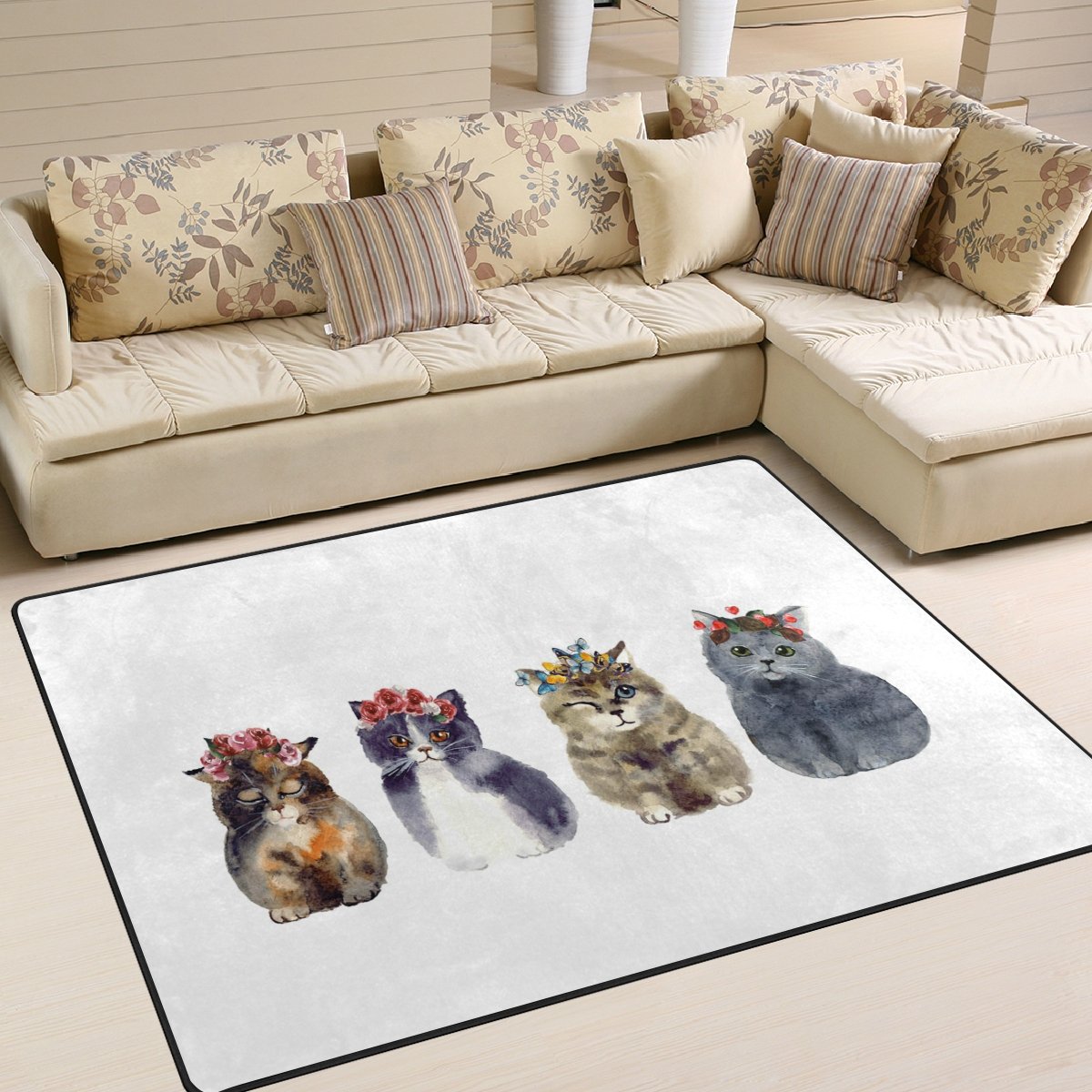 ALAZA Watercolor Cute Cat with Wreath Area Rug - 5'3
