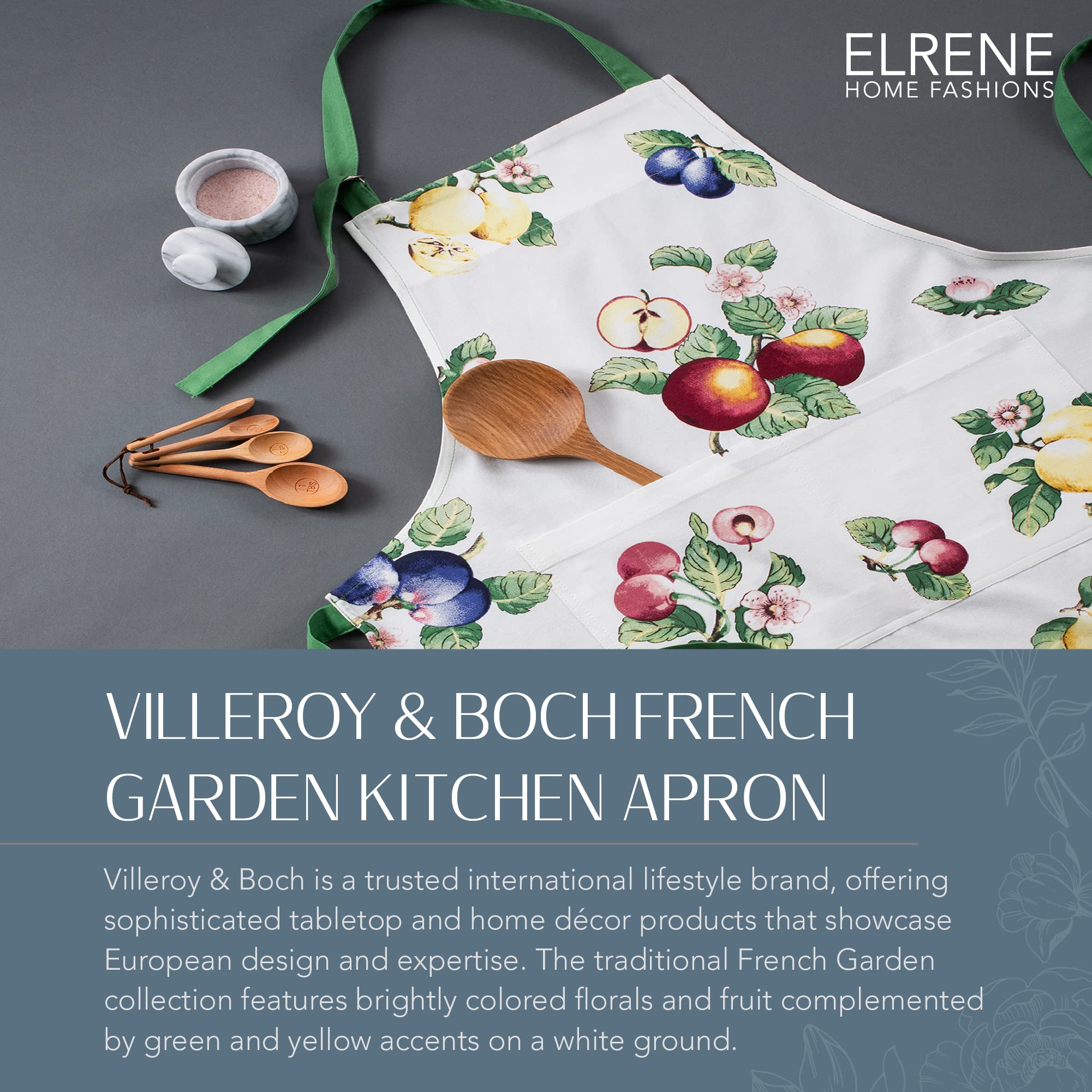 Elrene Home Fashions Villeroy & Boch French Garden Kitchen Apron - Premium Cotton Chef Apron for Cooking, Baking & Grilling - Stylish & Functional Home Kitchen Accessory for Women & Men