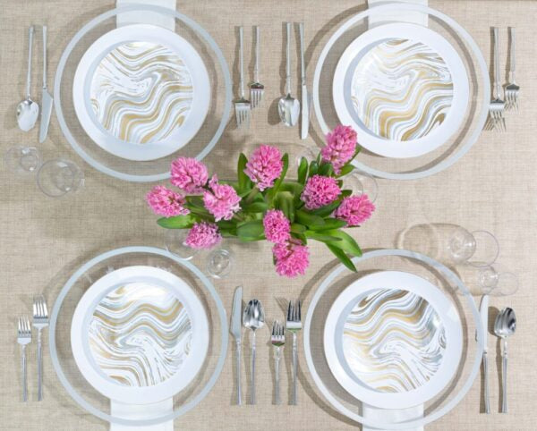 32-Piece Gold and Silver Round Plastic Dinnerware Set for 16 Guests - Elegant Disposable Plates, Forks, Knives & Spoons - Perfect for Weddings, Parties, BBQs & Outdoor Events