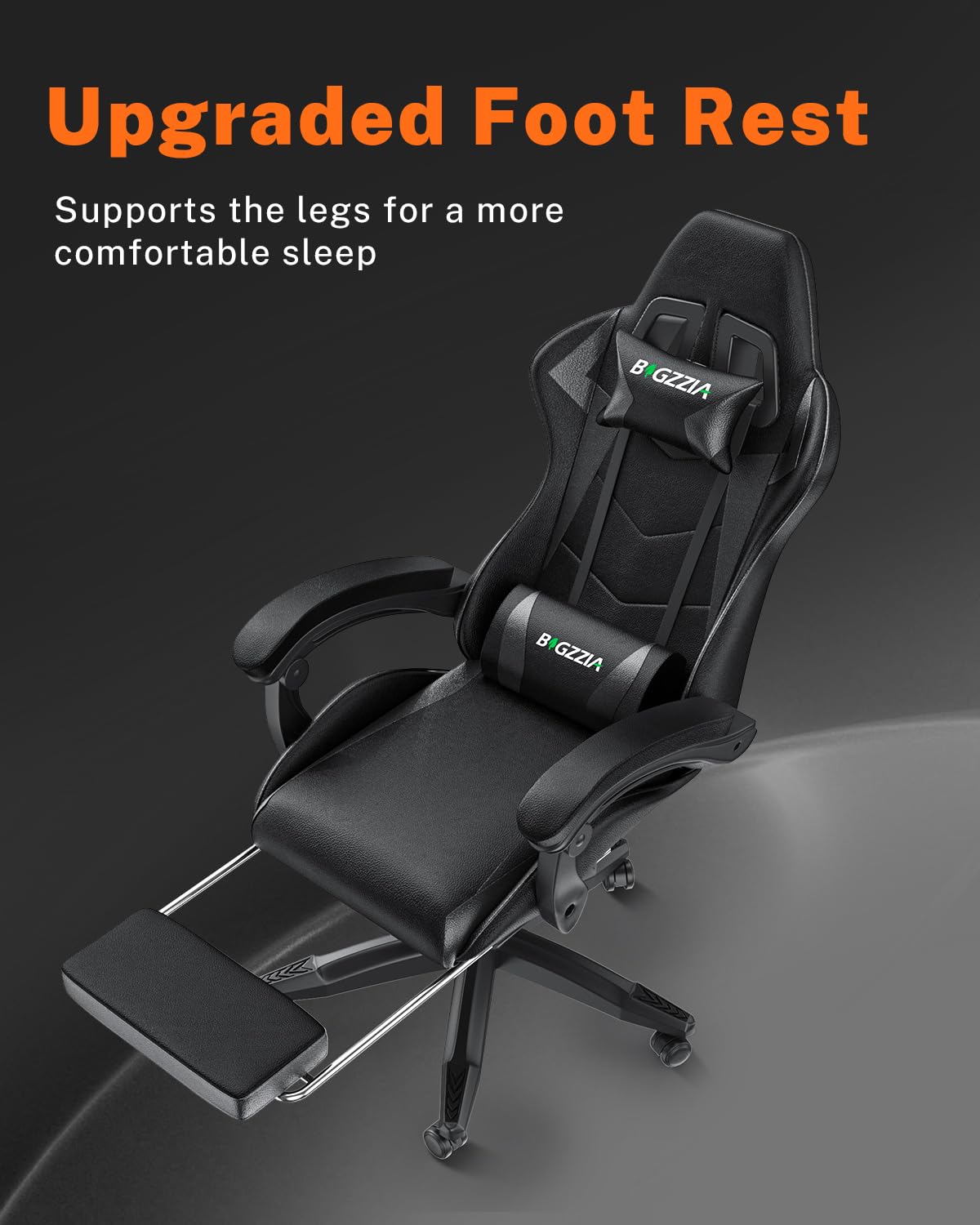 Bigzzia Ergonomic Gaming Chair with Footrest - Adjustable Height, Reclining Racing Style Office Chair with Headrest & Lumbar Support, 360° Swivel - Perfect for PC Gaming, Home Office & Esports (Black)