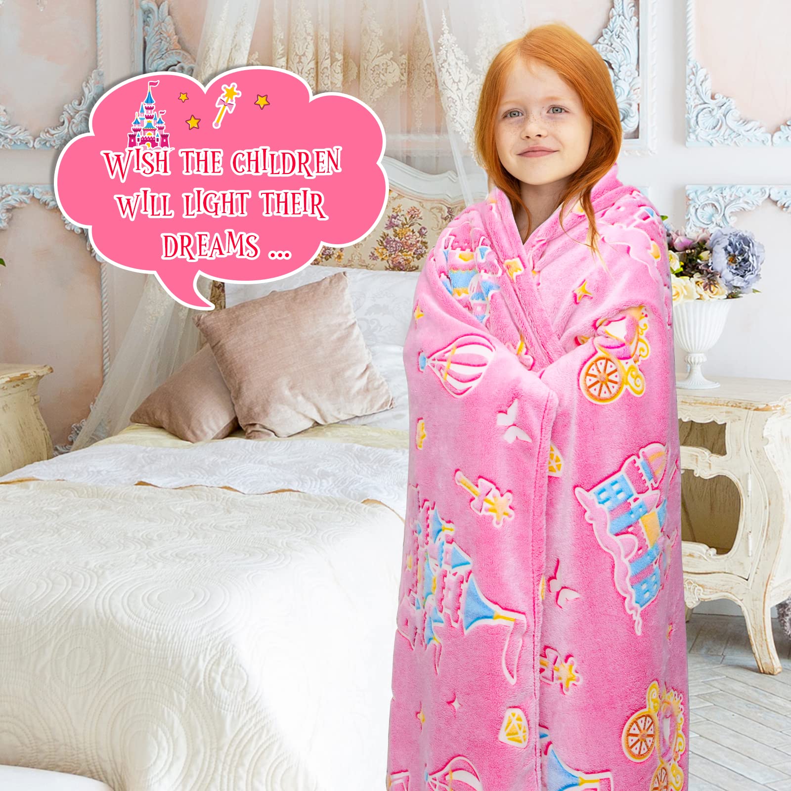 BORORO Princess Blanket for Girls - Glow in The Dark Pink Castle Blanket, Soft & Cozy Birthday Gift for Toddlers, Kids, Women | Perfect for Bedtime, Movie Nights & Princess-Themed Parties