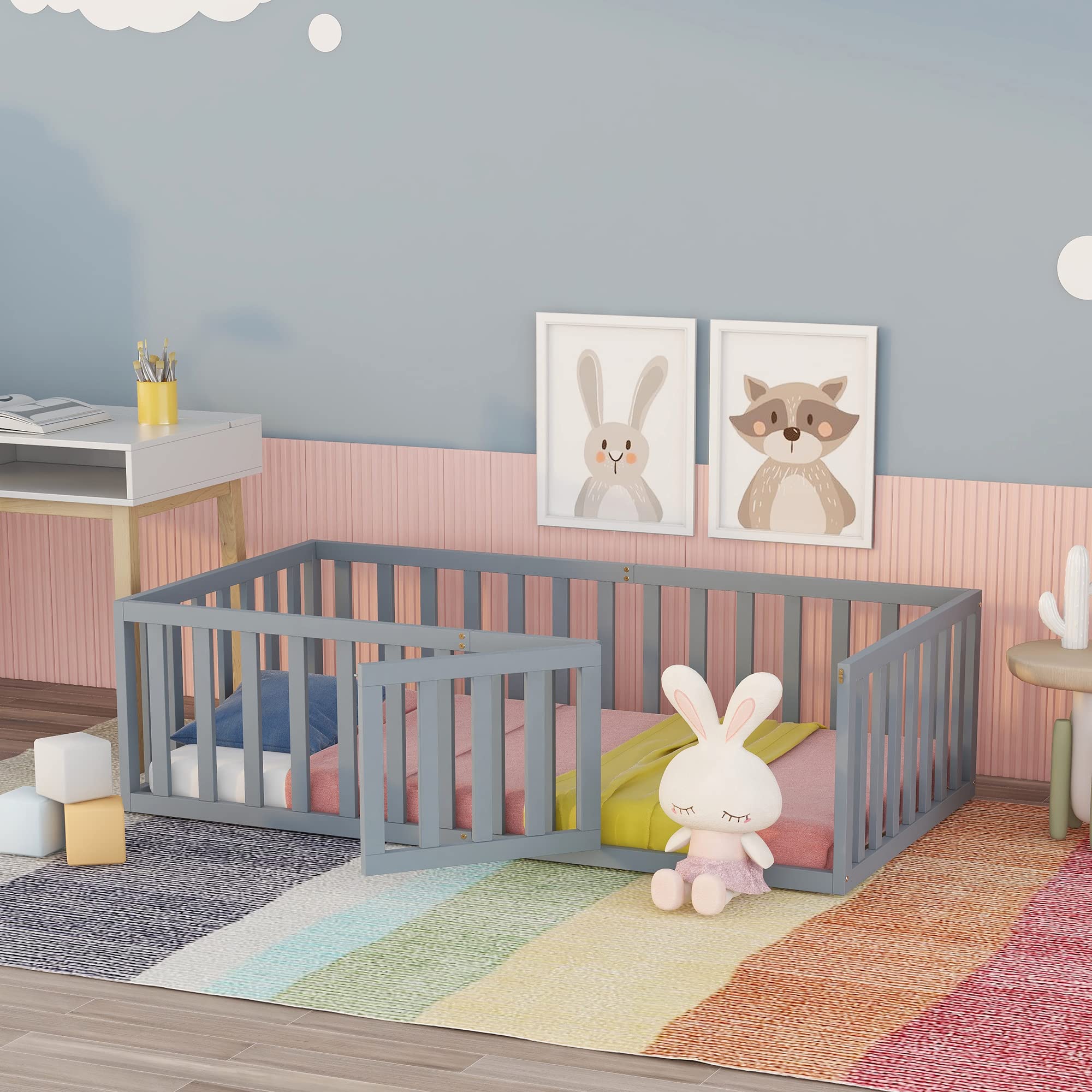 SOFTSEA Twin Floor Bed with Safety Fence for Kids & Toddlers - Low Profile Ground Bed Frame, No Bed Slats Needed - Perfect for Montessori Rooms, Daycare Centers & Safe Toddler Sleeping Spaces