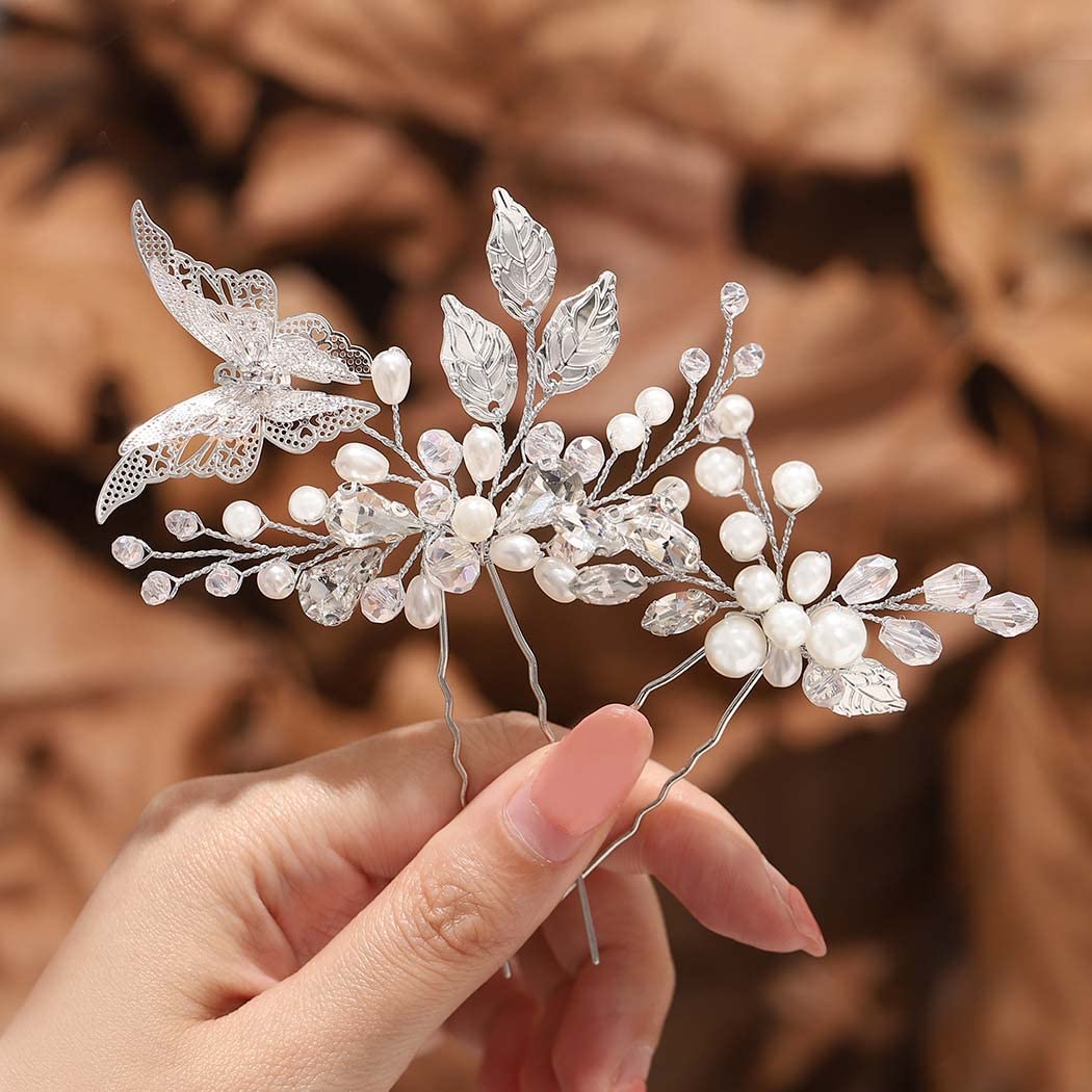 Silver Pearl Bridal Hair Pins with Butterflies & Crystals for Weddings & Parties (Pack of 2)