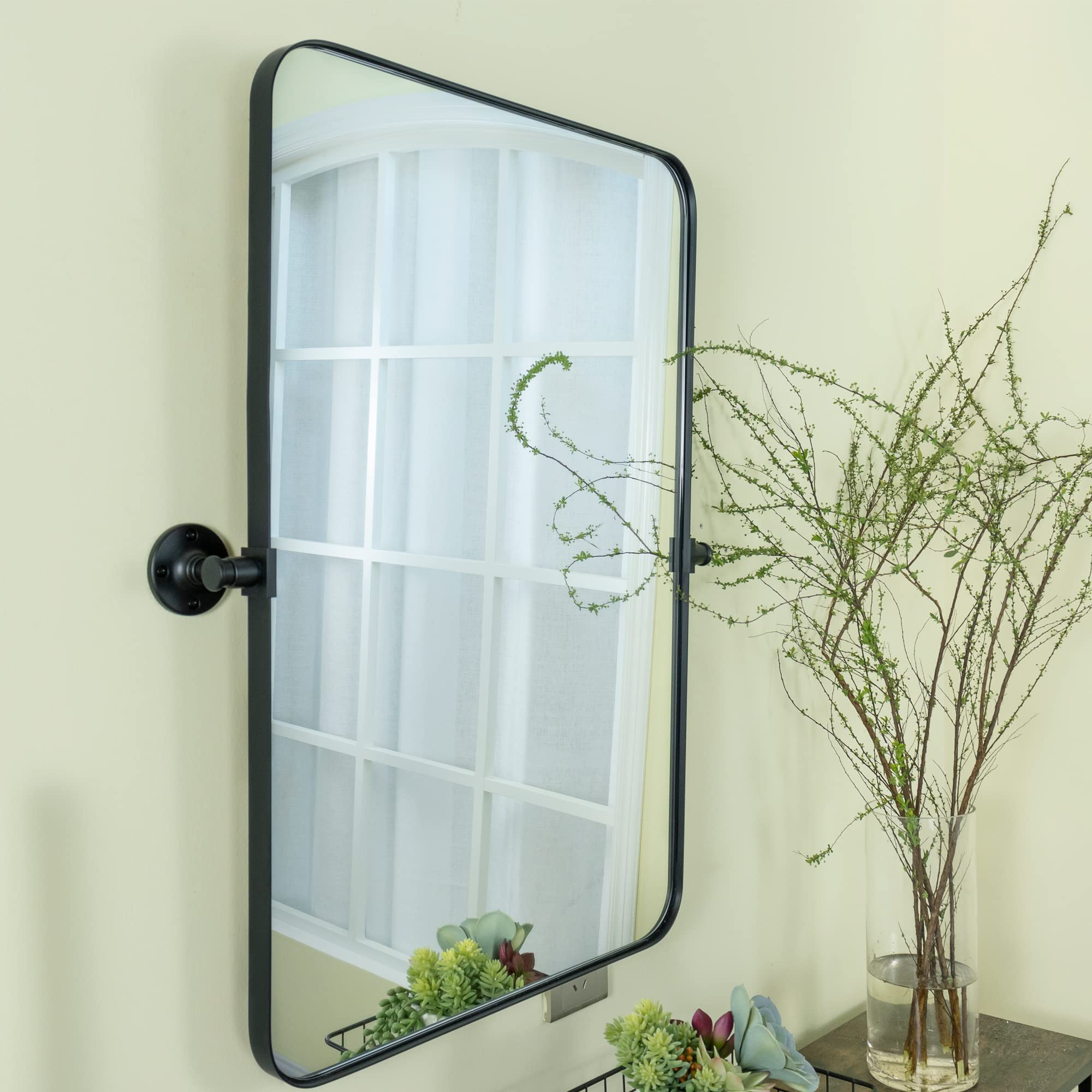 TEEBARN 20x30 Inch Black Metal Framed Rectangular Tilting Bathroom Mirror - Wall Mounted Pivoting Vanity Mirror with Rounded Corners for Bathroom, Bedroom & Dressing Room