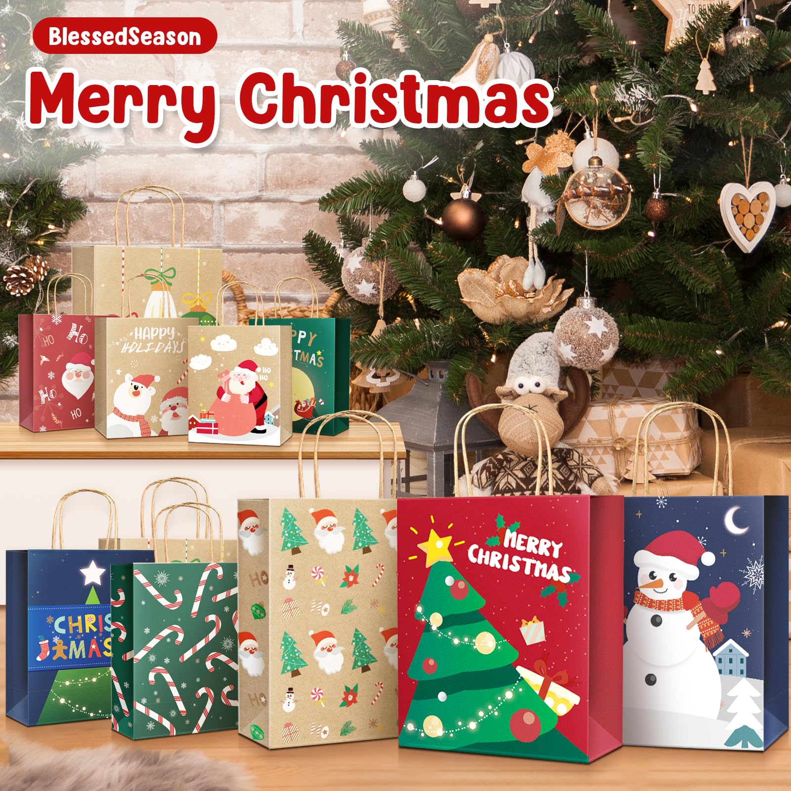 BlessedSeason 28 PCS Reusable Kraft Gift Bags with Handles - 14 Stylish Designs (6 Large, 10 Medium, 12 Small) for Holidays, Birthdays & Party Favors | Eco-Friendly Christmas, Wedding & Baby Shower Gift Packaging