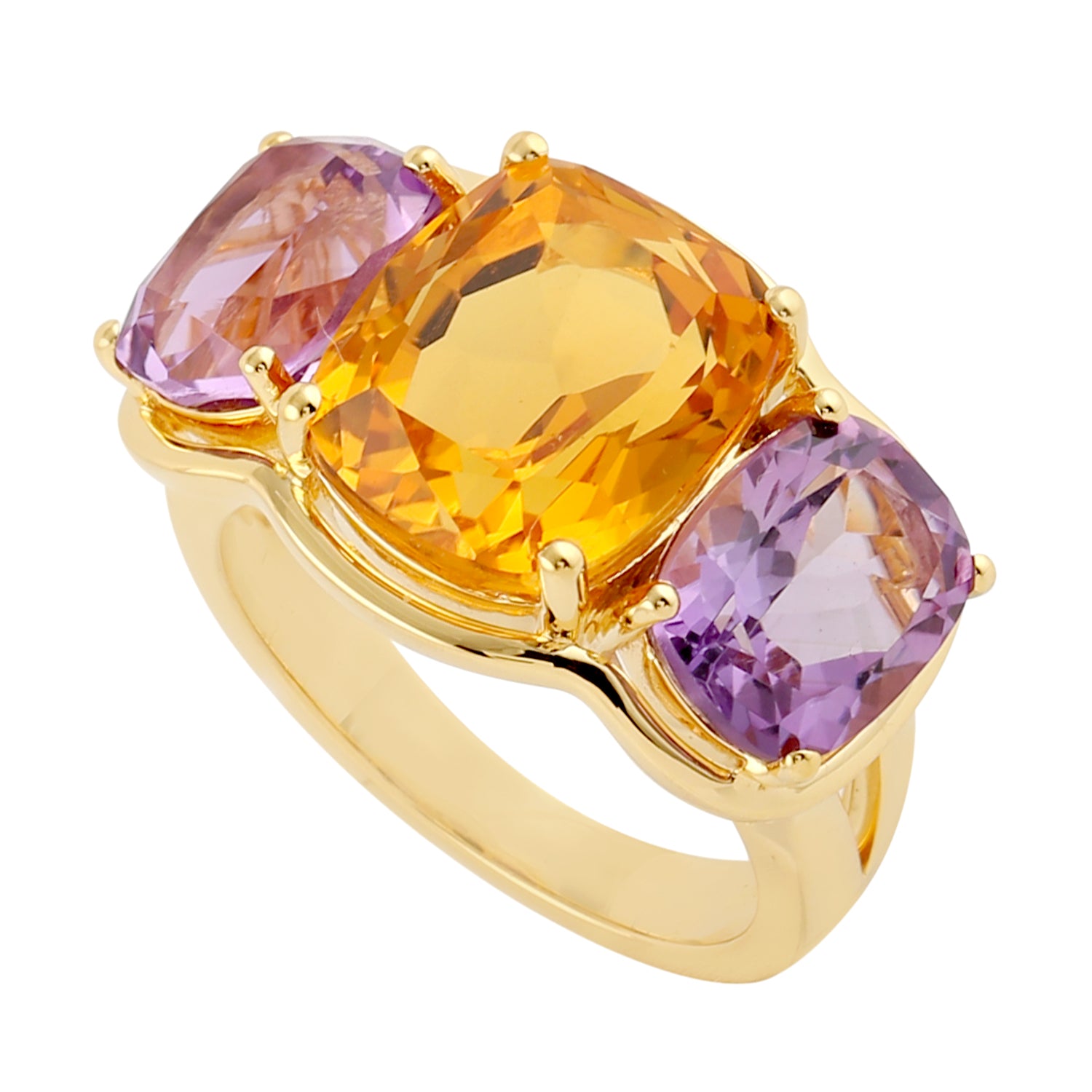 Stunning Citrine Cushion Cut Amethyst Three Stone Ring in 14K Yellow Gold | Elegant Jewelry for Women, Perfect for Engagement, Anniversary & Special Occasions