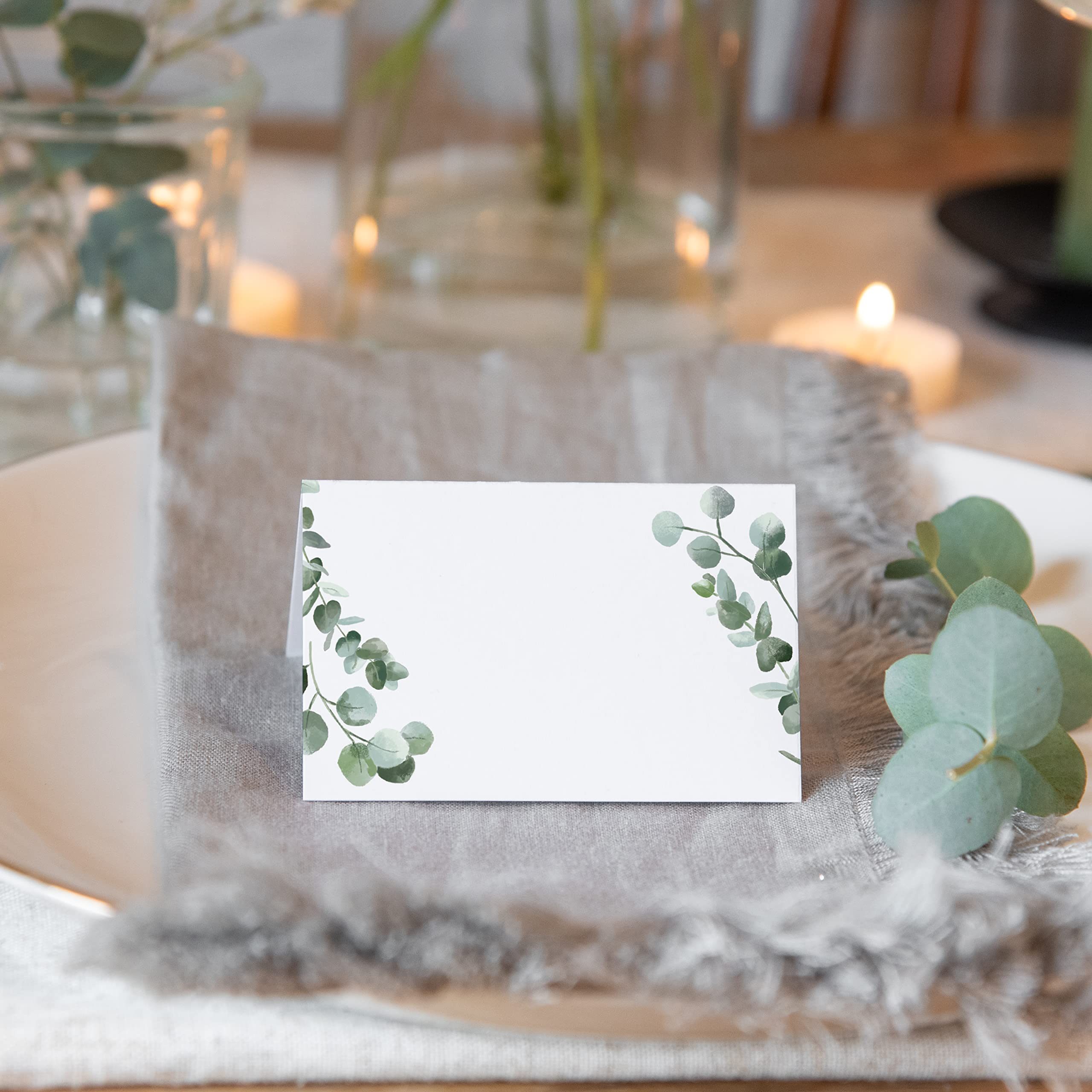 Eucalyptus Name Place Cards for Weddings & Parties - 50-Pack White & Green Folded Table Name Cards for Reception, Birthday, and Table Setting - Elegant Manta Makes Place Cards for Events & Celebrations