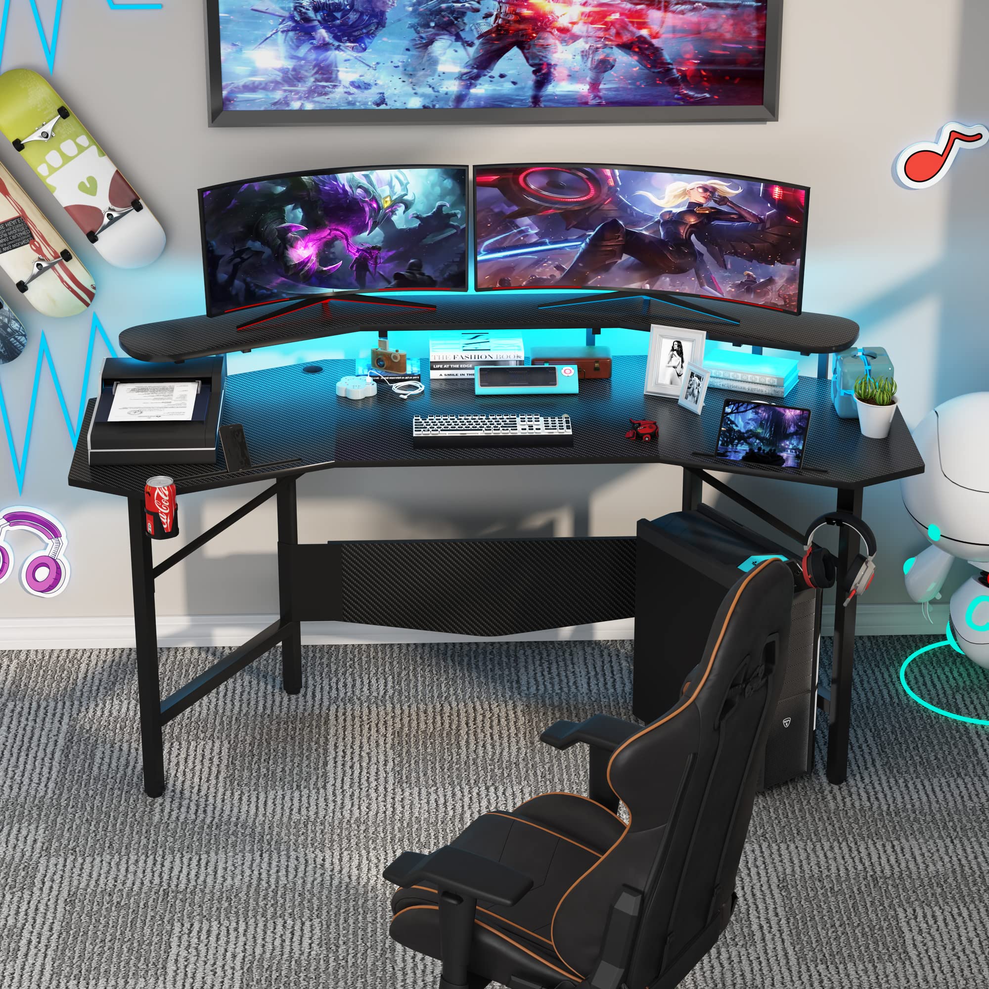 JoliJour 180 x 60 cm Ergonomic LED Gaming Desk with Cup Holder & Headphone Hook - Black Wing-Shaped Design with 2 Cable Management Grooves - Perfect for PC Gaming Setup, Streaming & Home Office Workspace