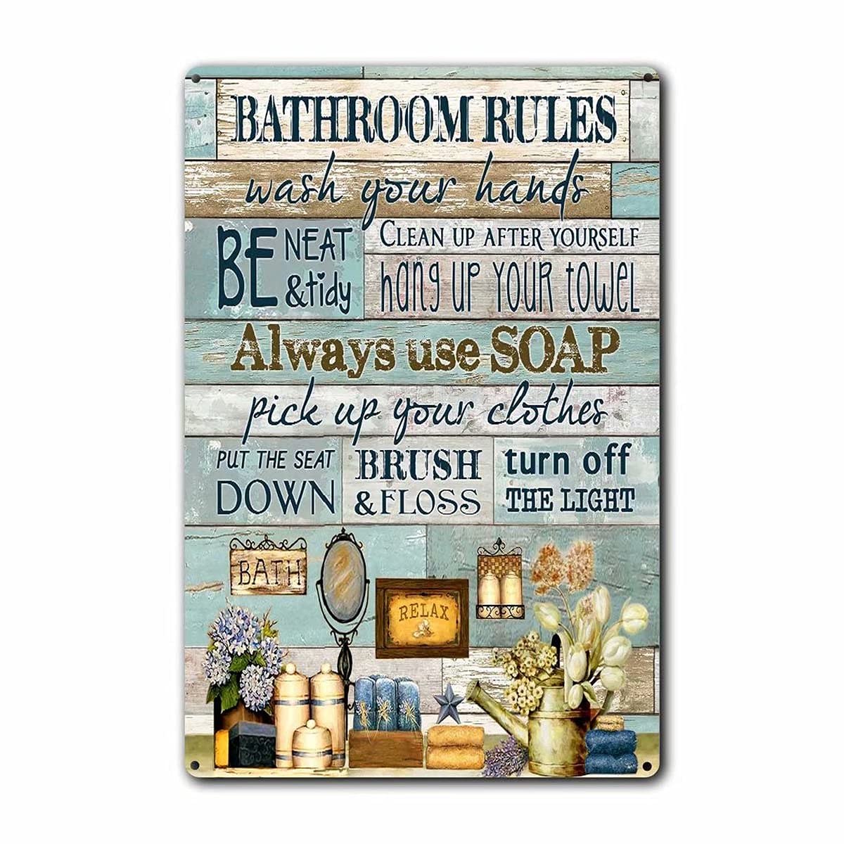 Vintage Bathroom Rules Metal Tin Sign - Retro Aluminum Wall Art for Bathroom, Bedroom, Coffee Shop & Home Decor - 12x16 Inch - Perfect for Vintage Themed Spaces & Man Cave Decor