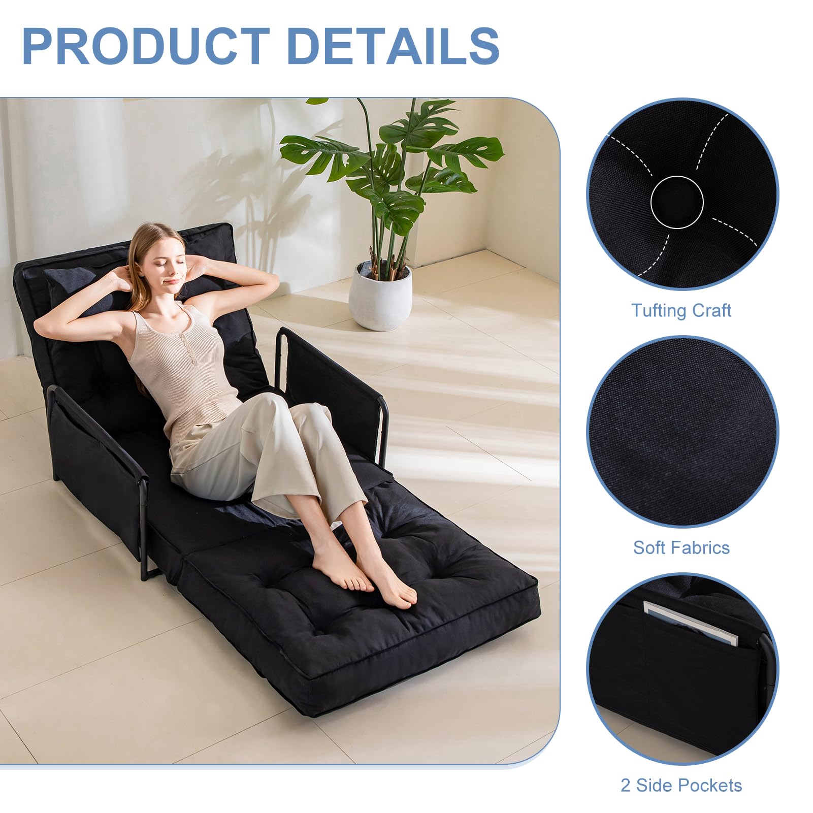 MAXYOYO Adjustable Floor Sofa Bed - Multi Functional Folding Couch Bed with Pillows for Living Room, Guest Room & Small Spaces - Single Size Black Futon for Lounge, Nap & Sleep